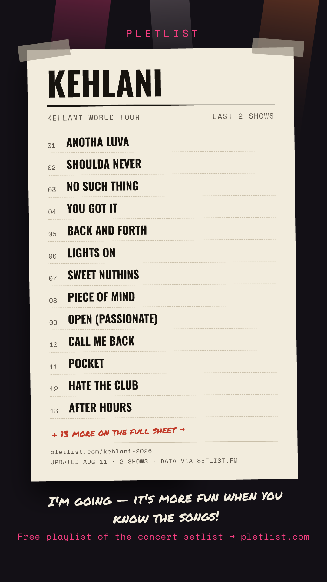 Shareable setlist sheet image for Kehlani