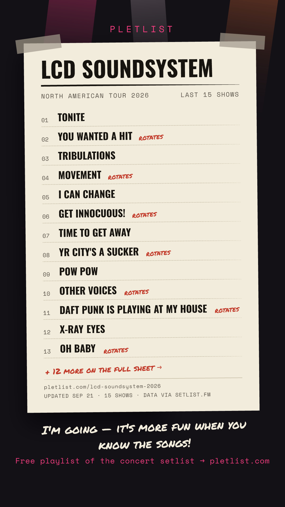 Shareable setlist sheet image for LCD Soundsystem