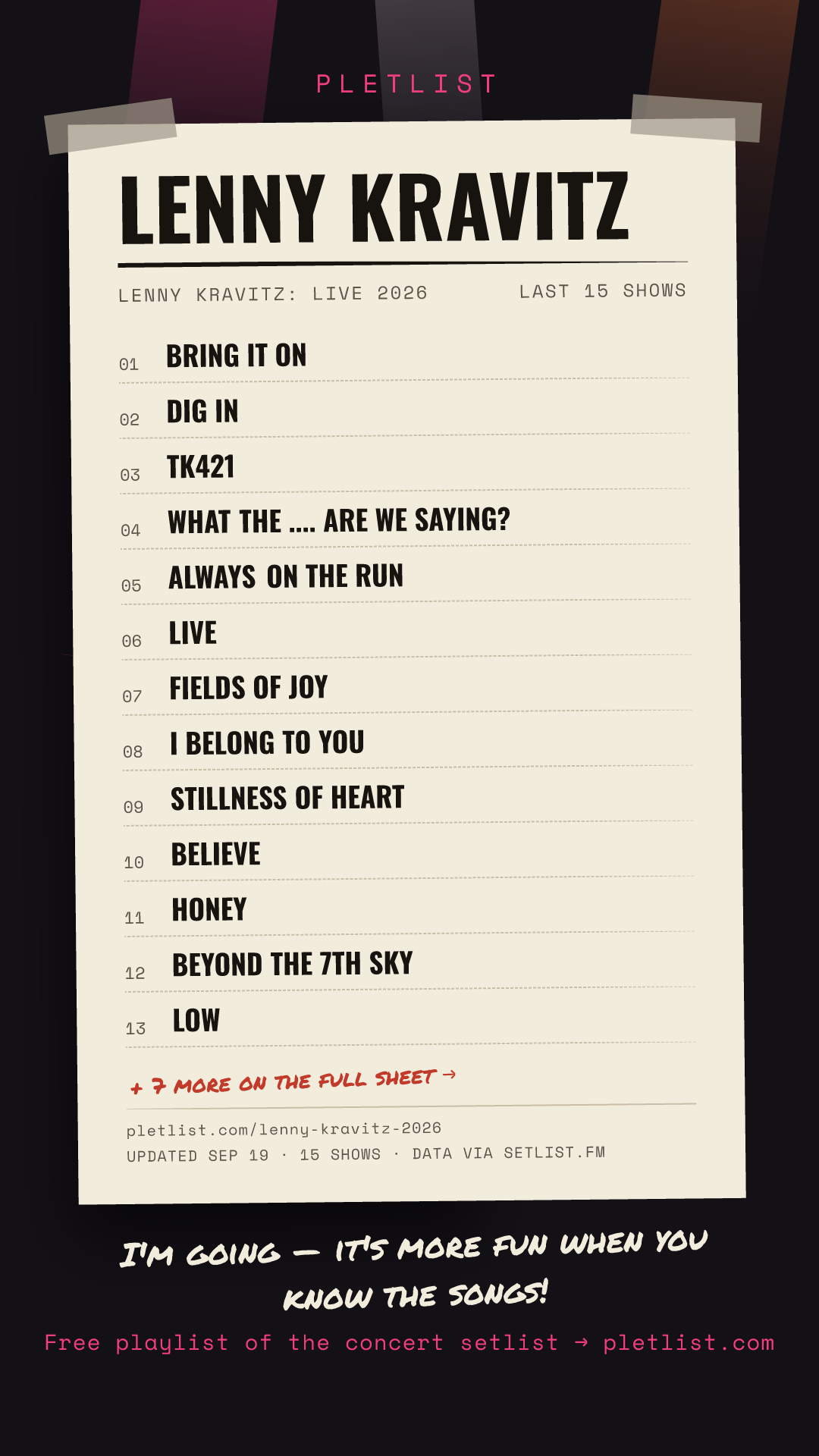 Shareable setlist sheet image for Lenny Kravitz