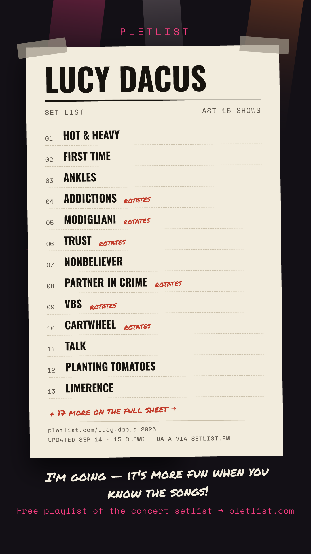 Shareable setlist sheet image for Lucy Dacus