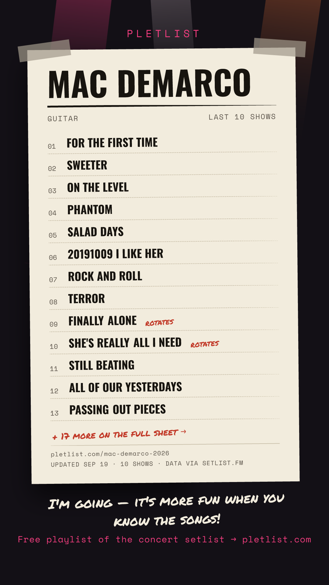 Shareable setlist sheet image for Mac DeMarco