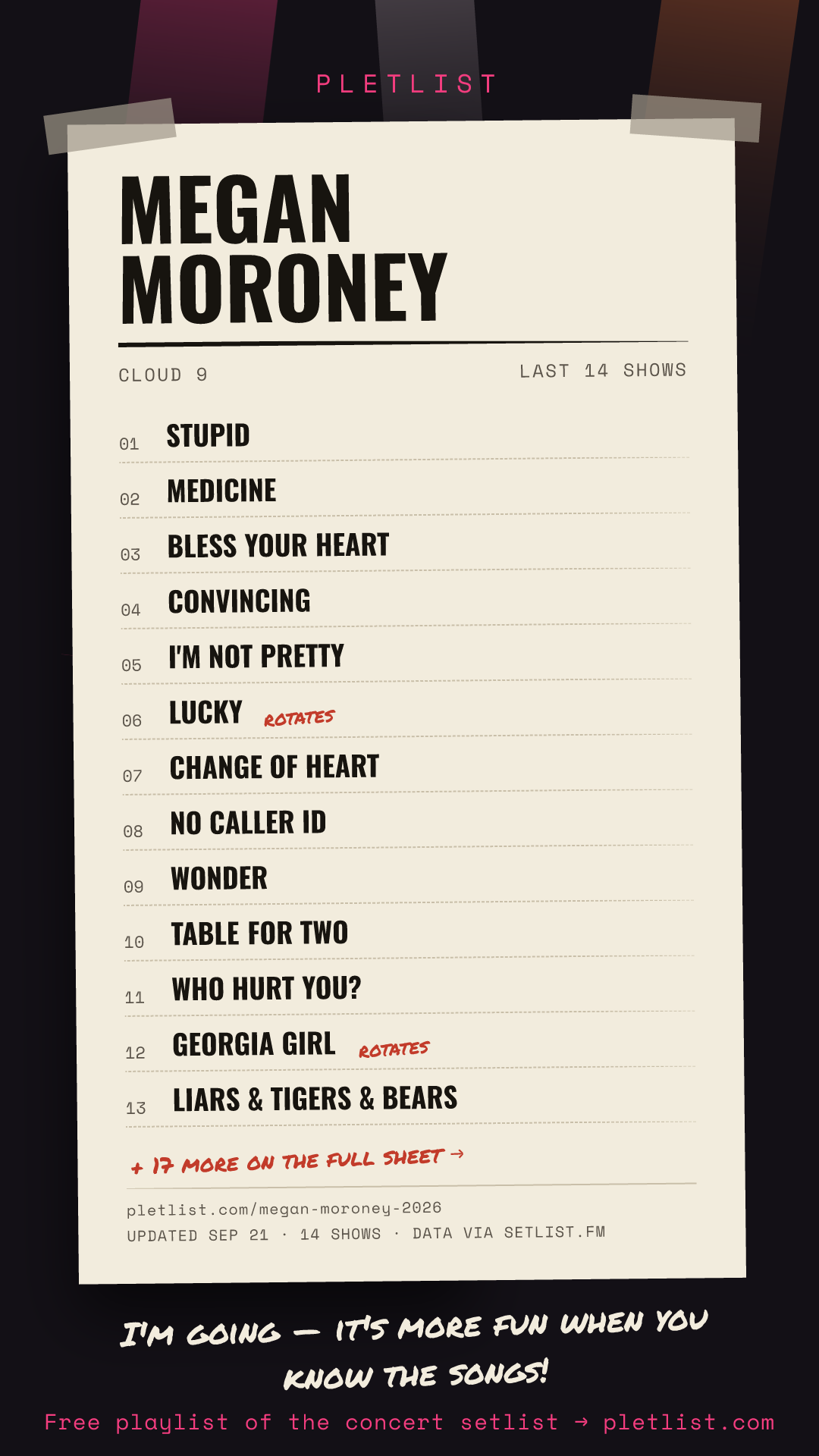 Shareable setlist sheet image for Megan Moroney