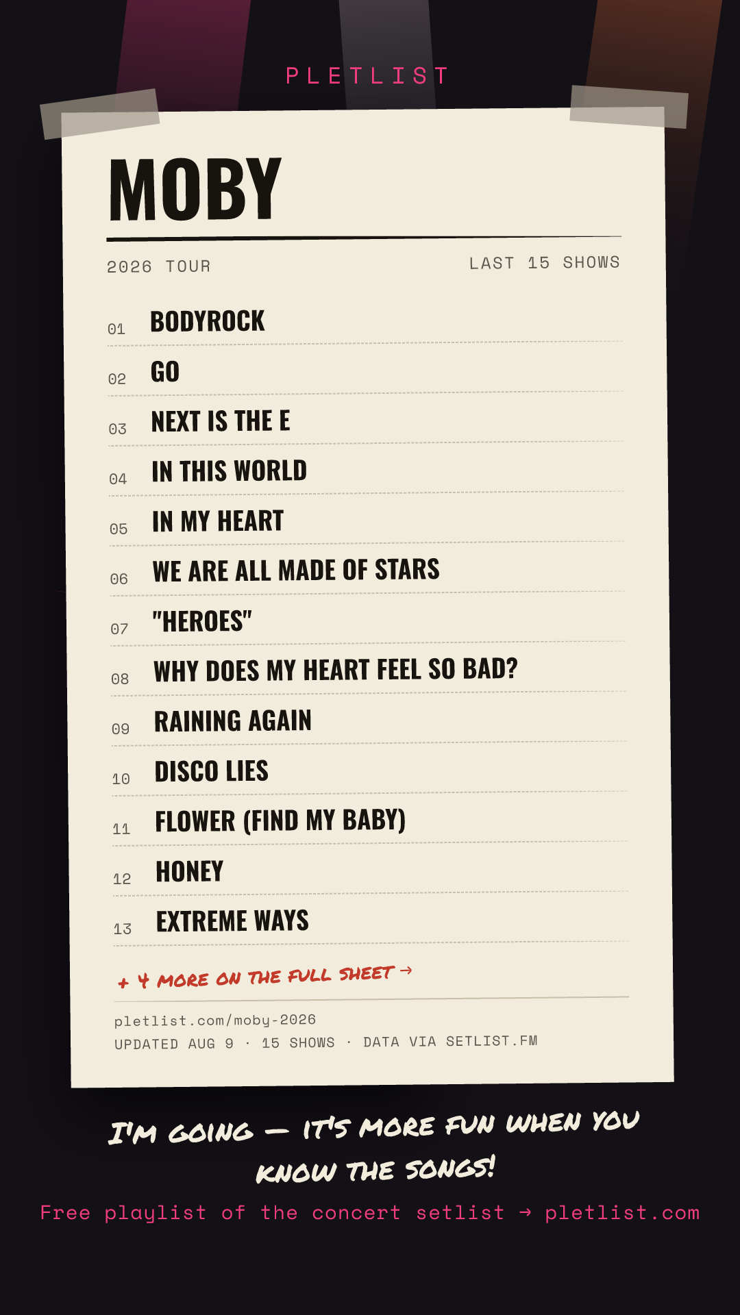 Shareable setlist sheet image for Moby