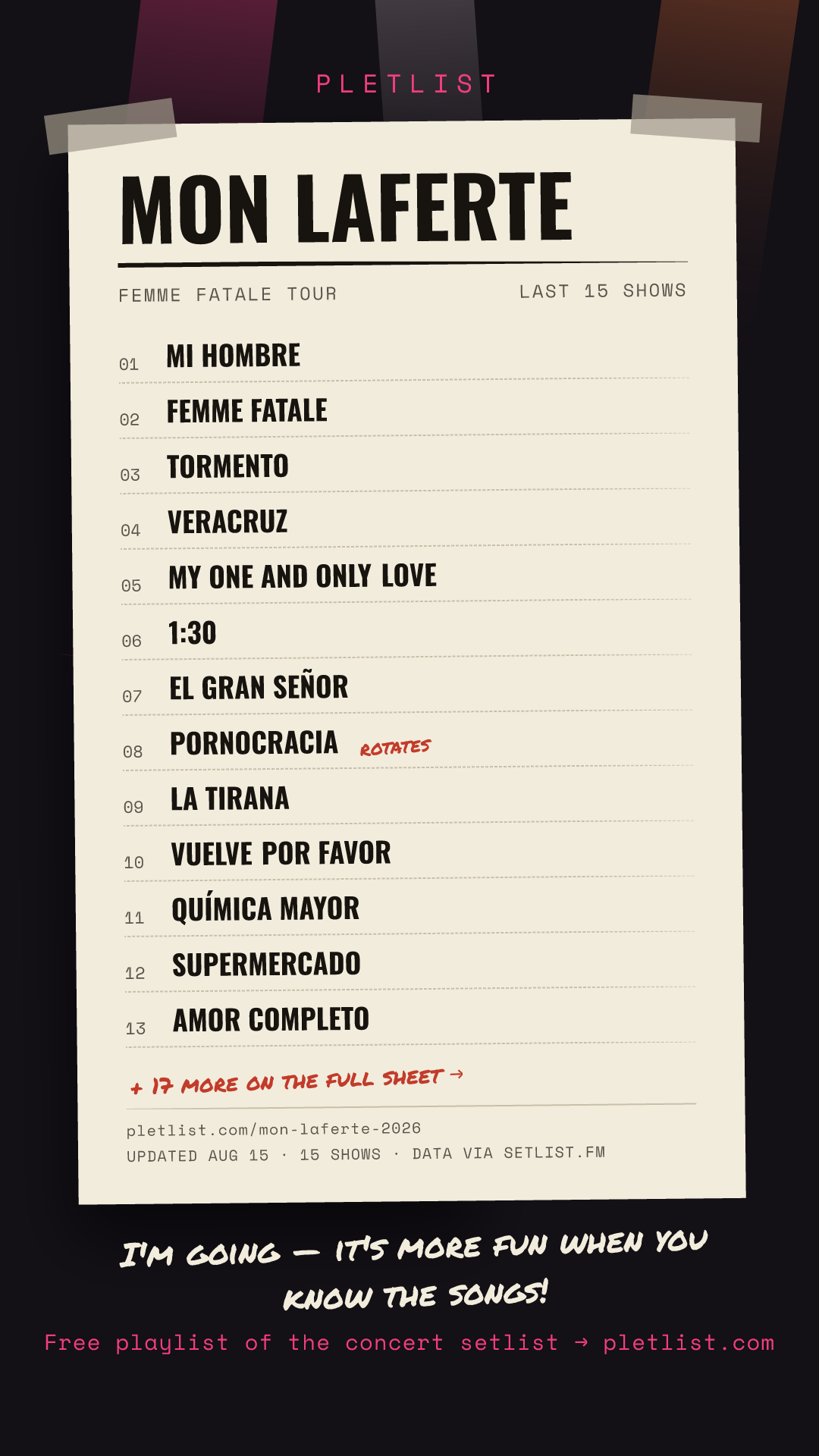 Shareable setlist sheet image for Mon Laferte