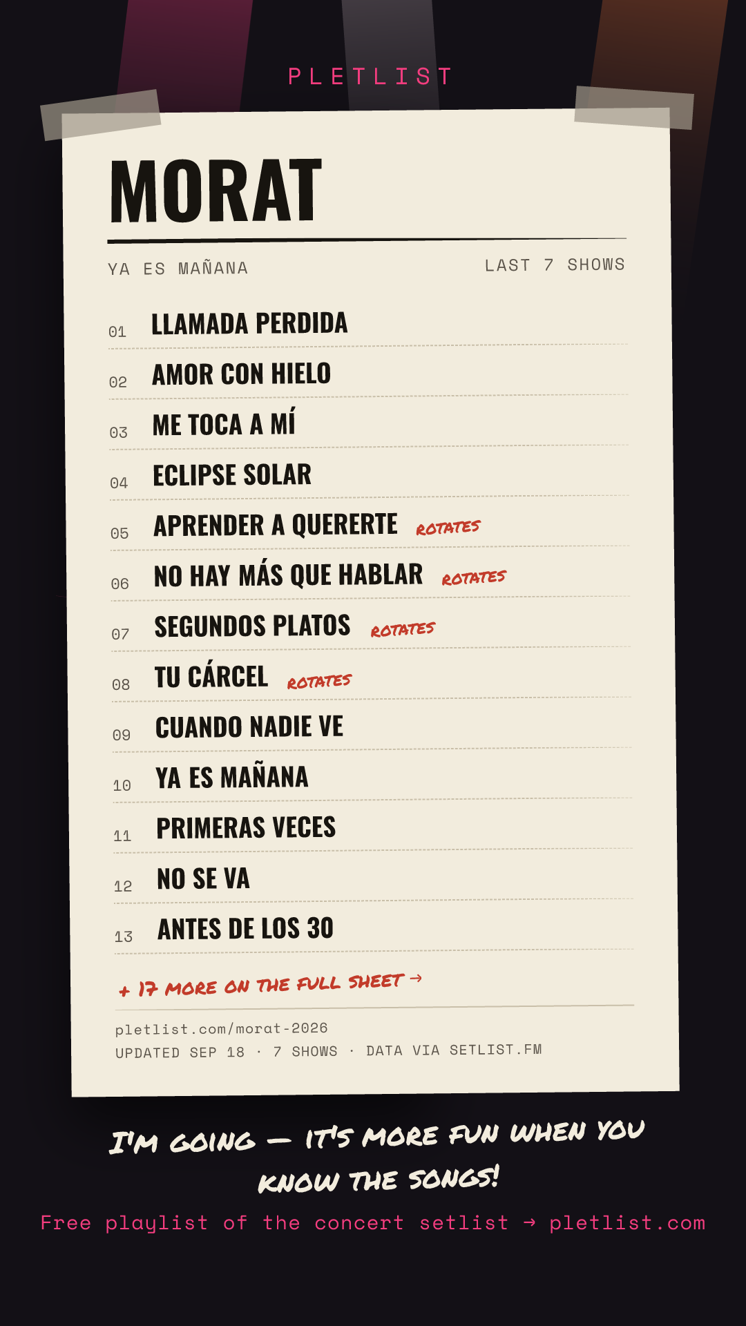Shareable setlist sheet image for Morat