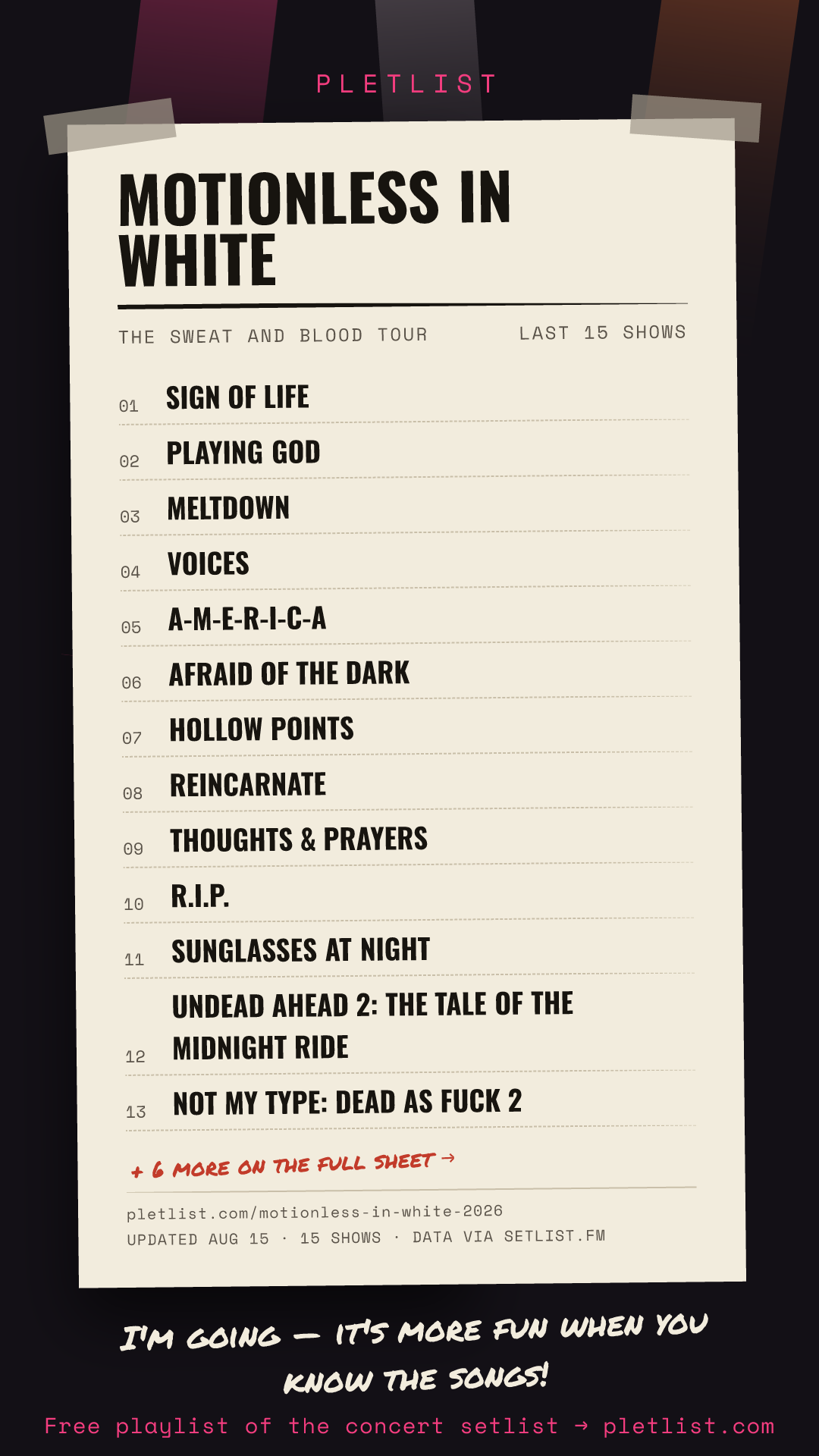 Shareable setlist sheet image for Motionless in White