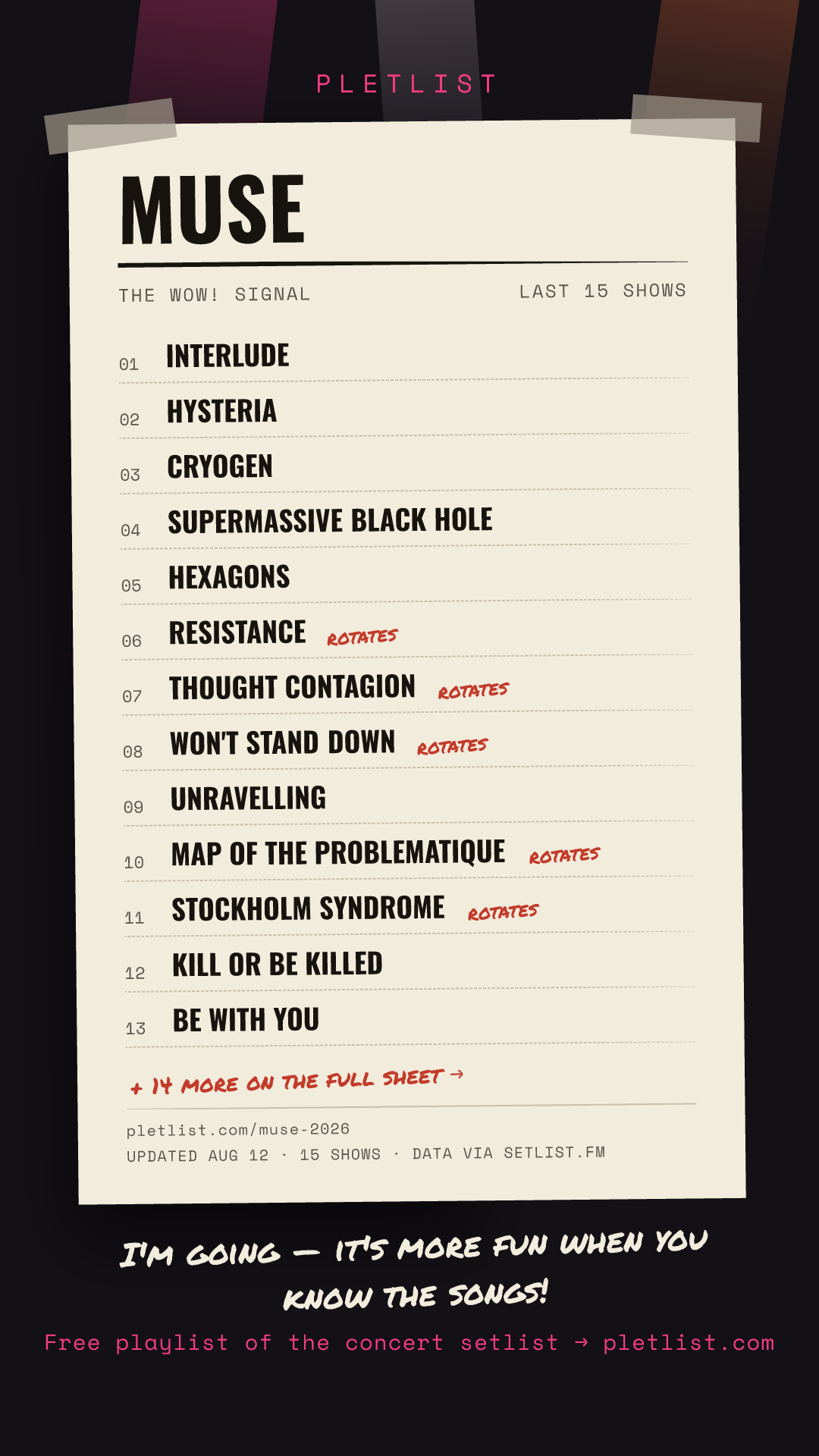 Shareable setlist sheet image for Muse