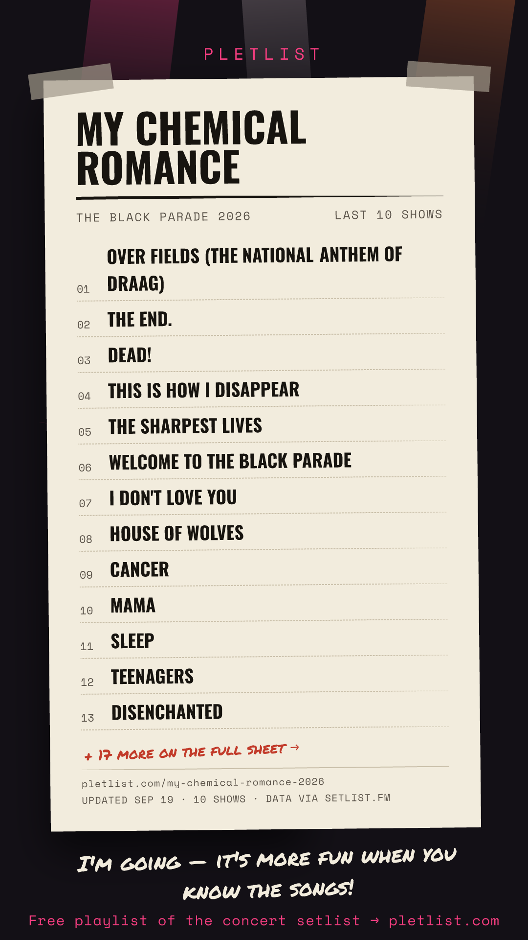 Shareable setlist sheet image for My Chemical Romance