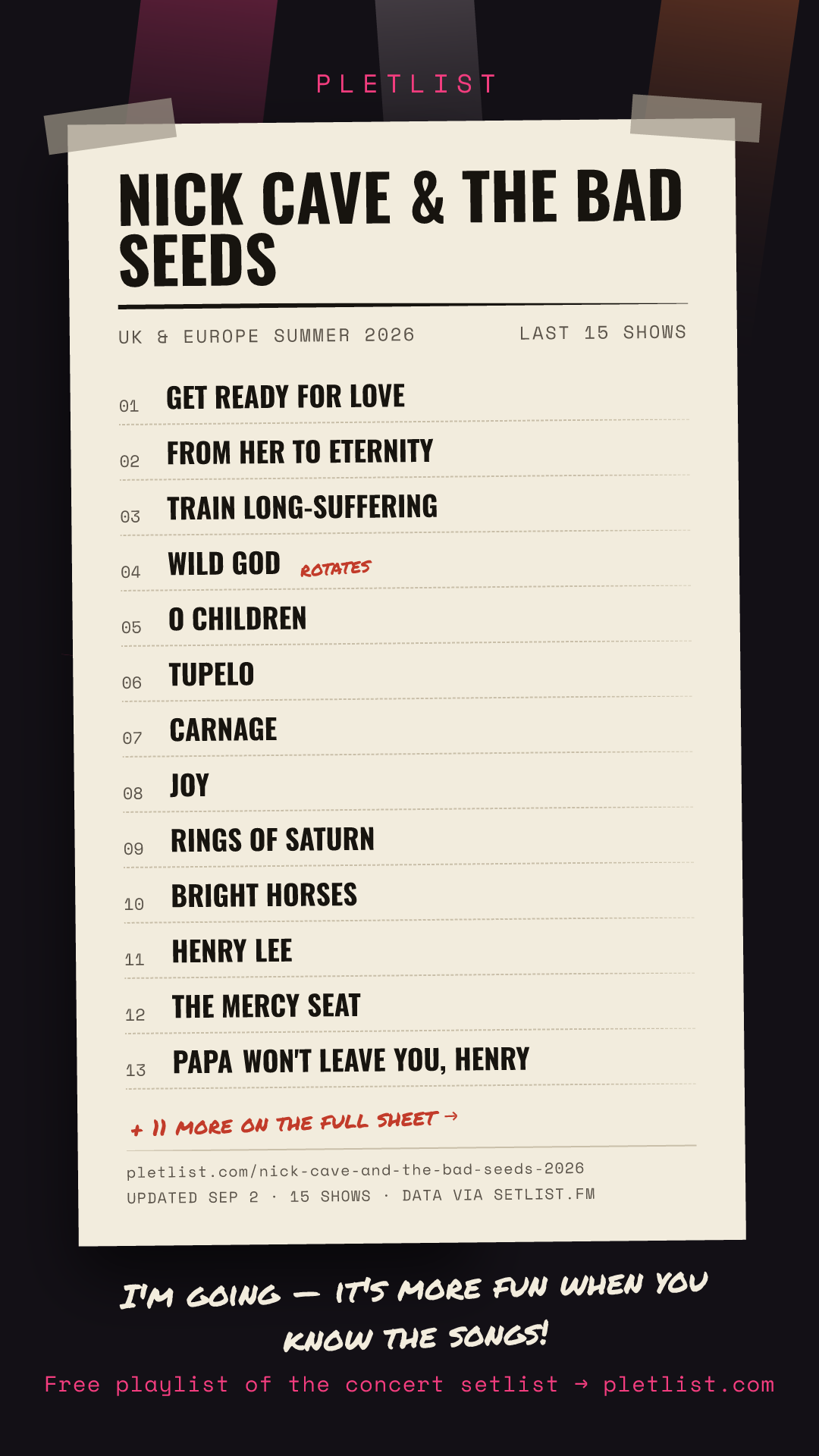 Shareable setlist sheet image for Nick Cave & the Bad Seeds
