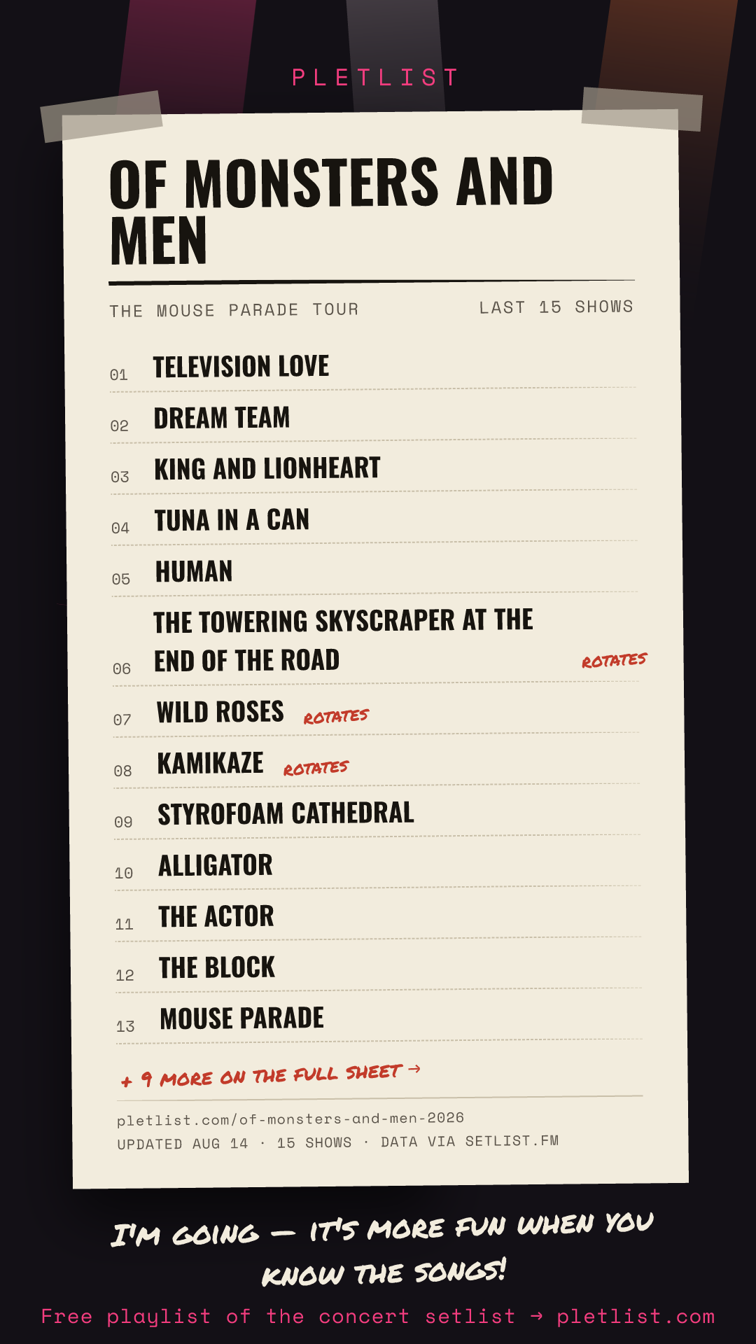 Shareable setlist sheet image for Of Monsters and Men