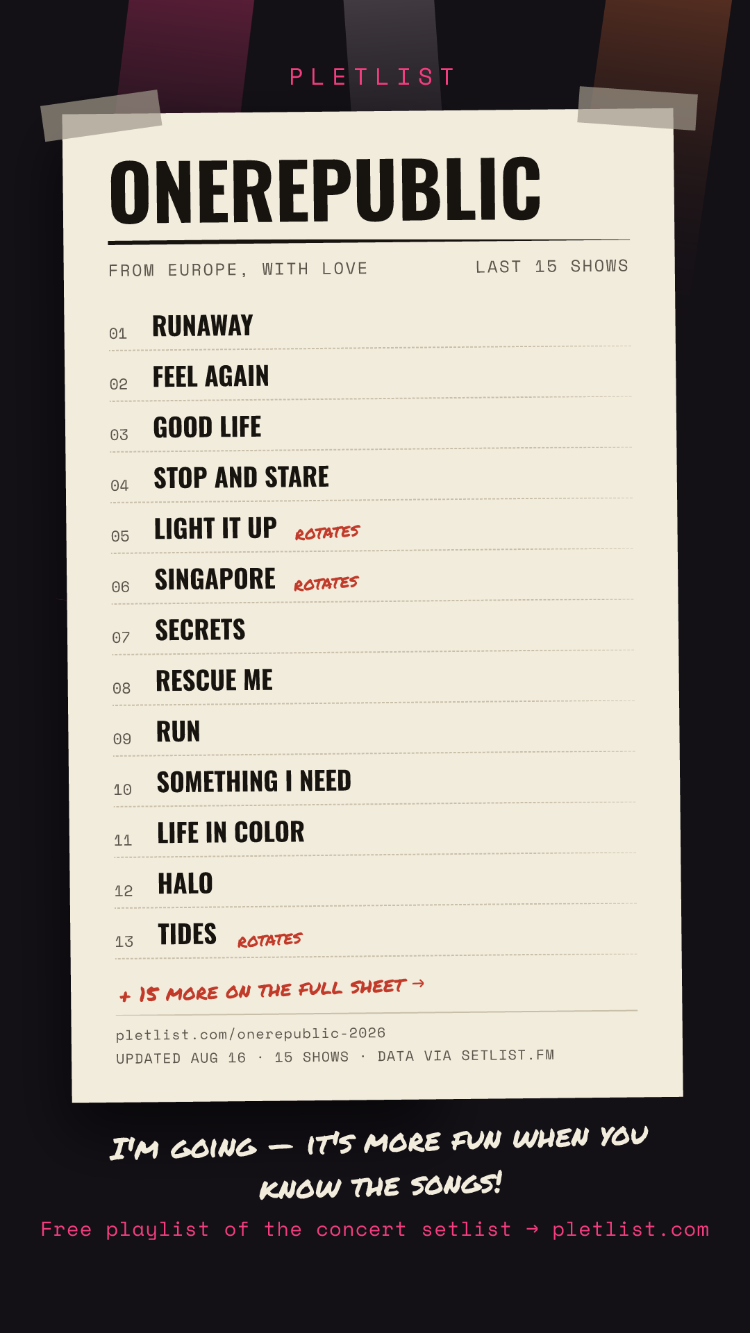 Shareable setlist sheet image for OneRepublic