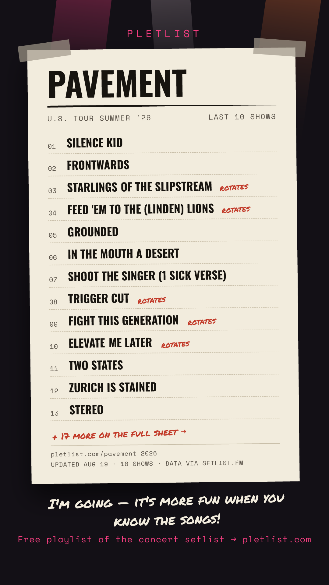 Shareable setlist sheet image for Pavement