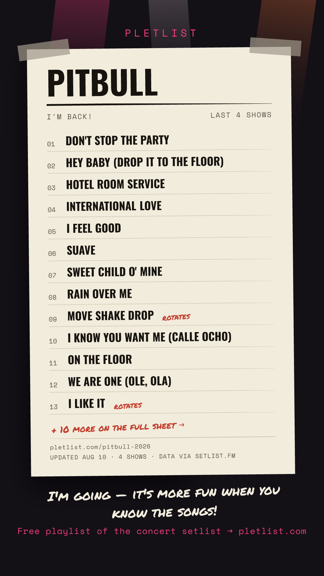 Shareable setlist sheet image for Pitbull