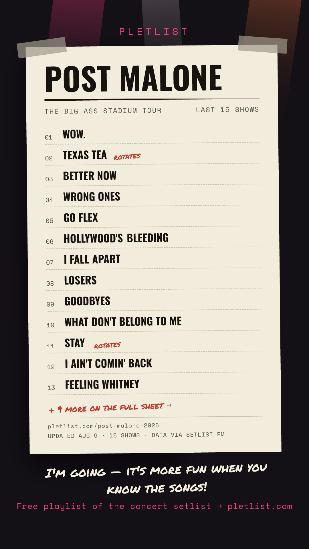 Shareable setlist sheet image for Post Malone
