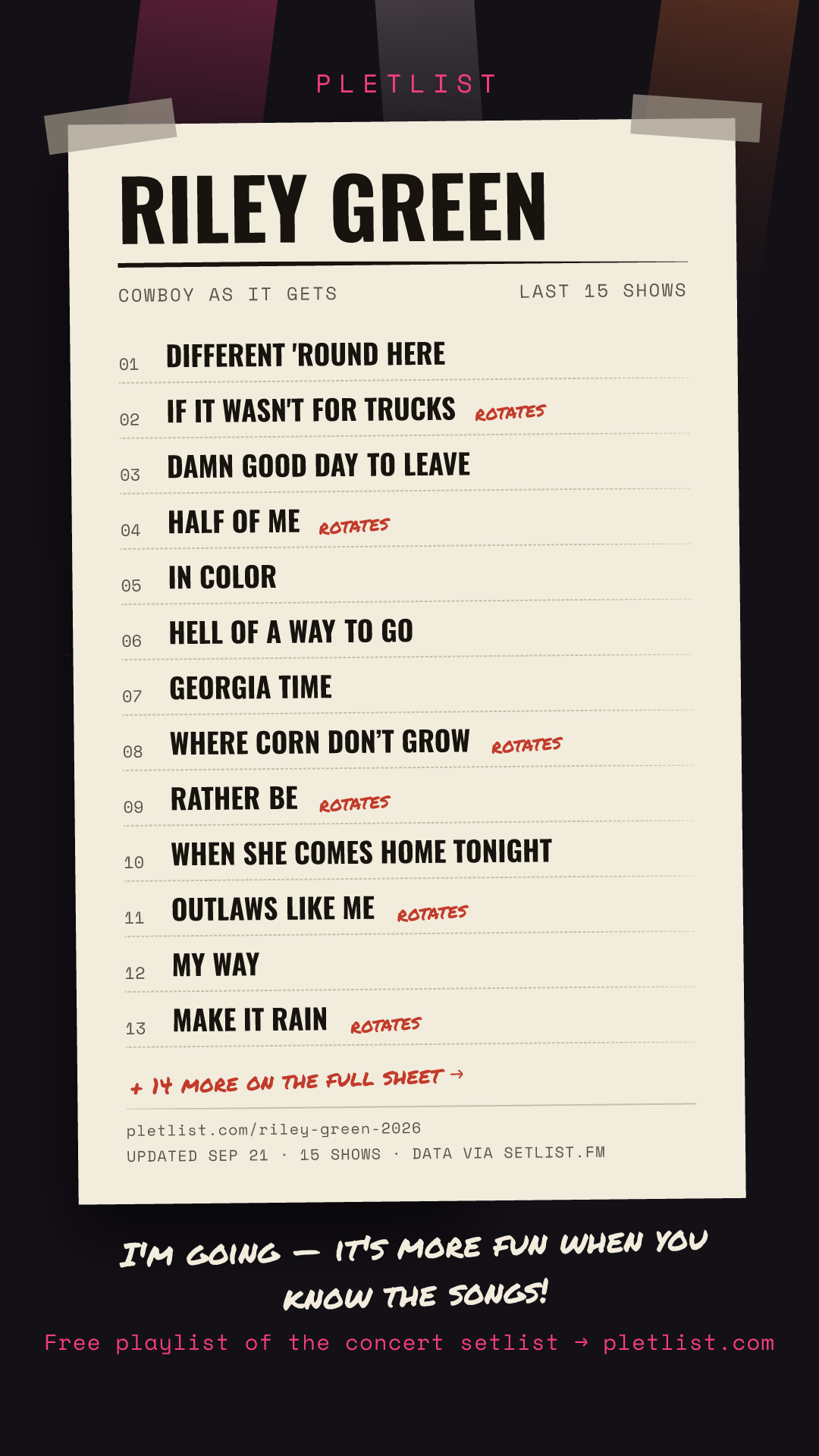 Shareable setlist sheet image for Riley Green