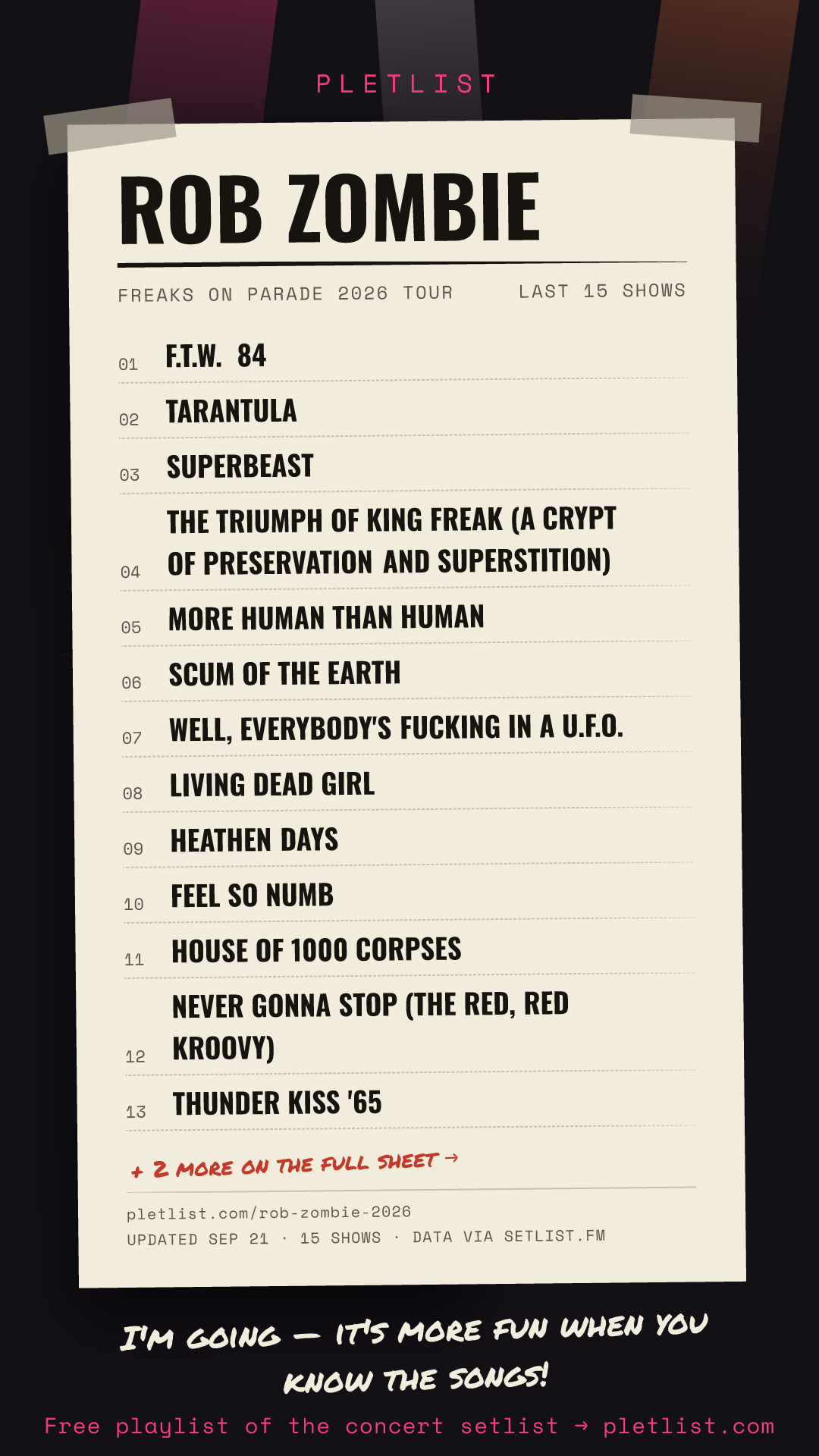 Shareable setlist sheet image for Rob Zombie
