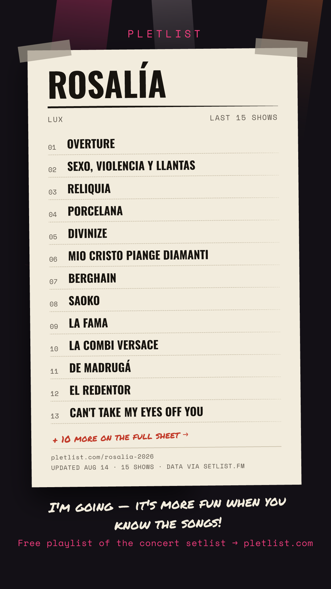 Shareable setlist sheet image for ROSALÍA