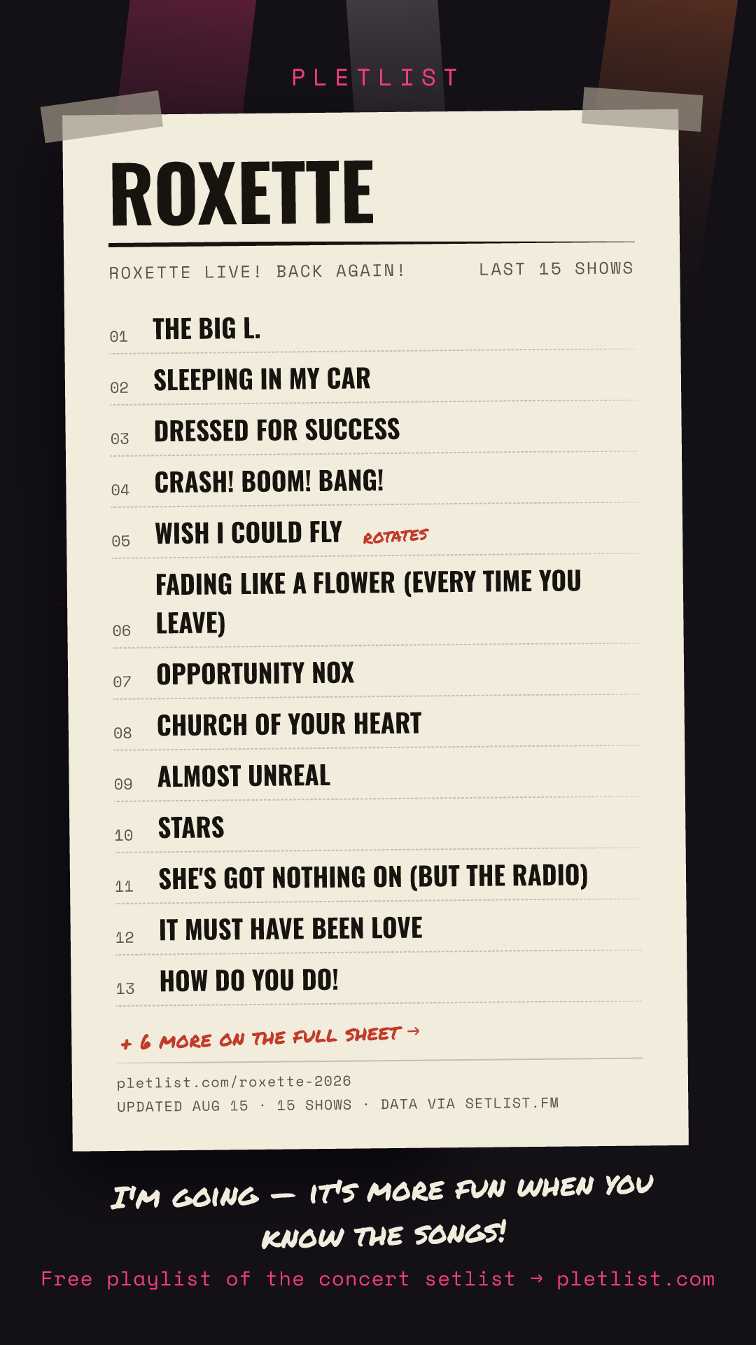 Shareable setlist sheet image for Roxette