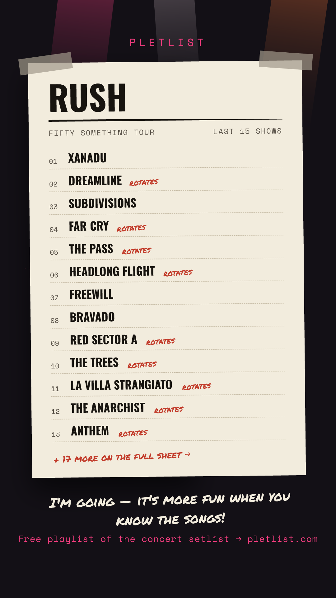 Shareable setlist sheet image for Rush