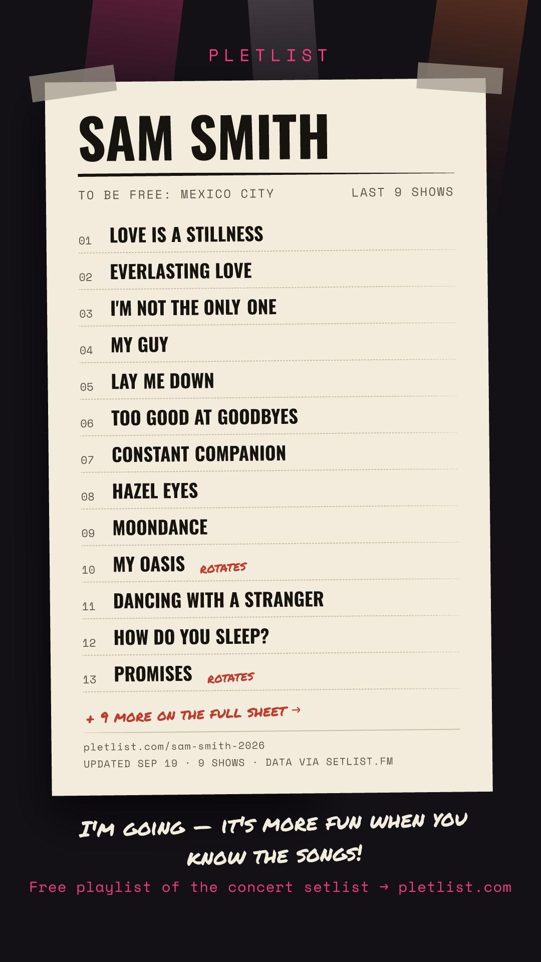 Shareable setlist sheet image for Sam Smith
