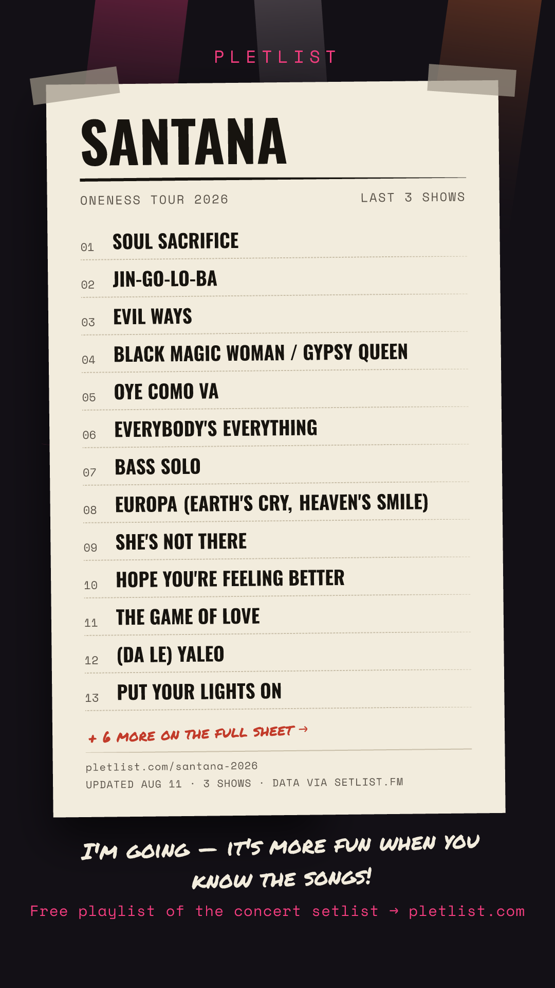 Shareable setlist sheet image for Santana