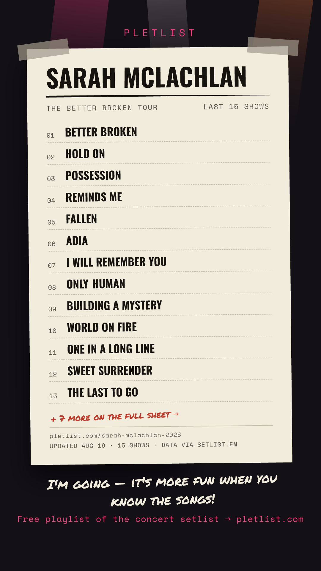 Shareable setlist sheet image for Sarah McLachlan
