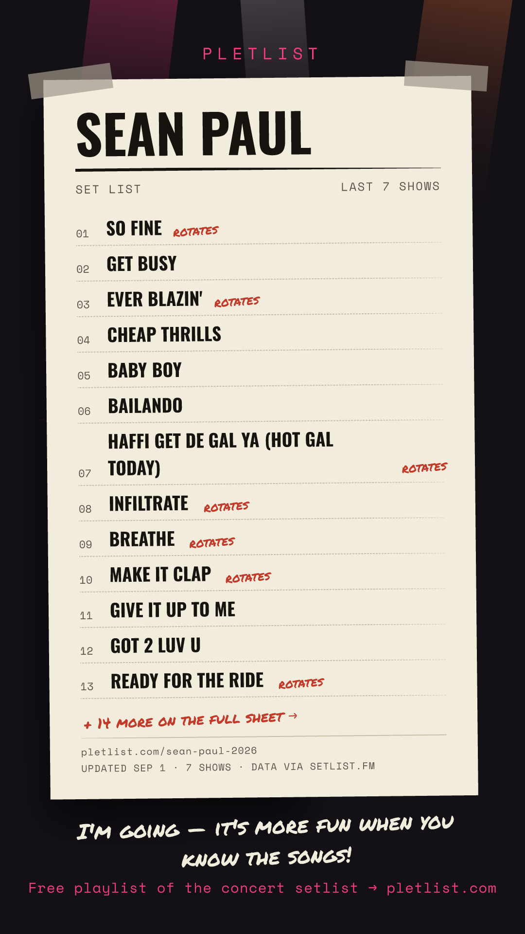 Shareable setlist sheet image for Sean Paul