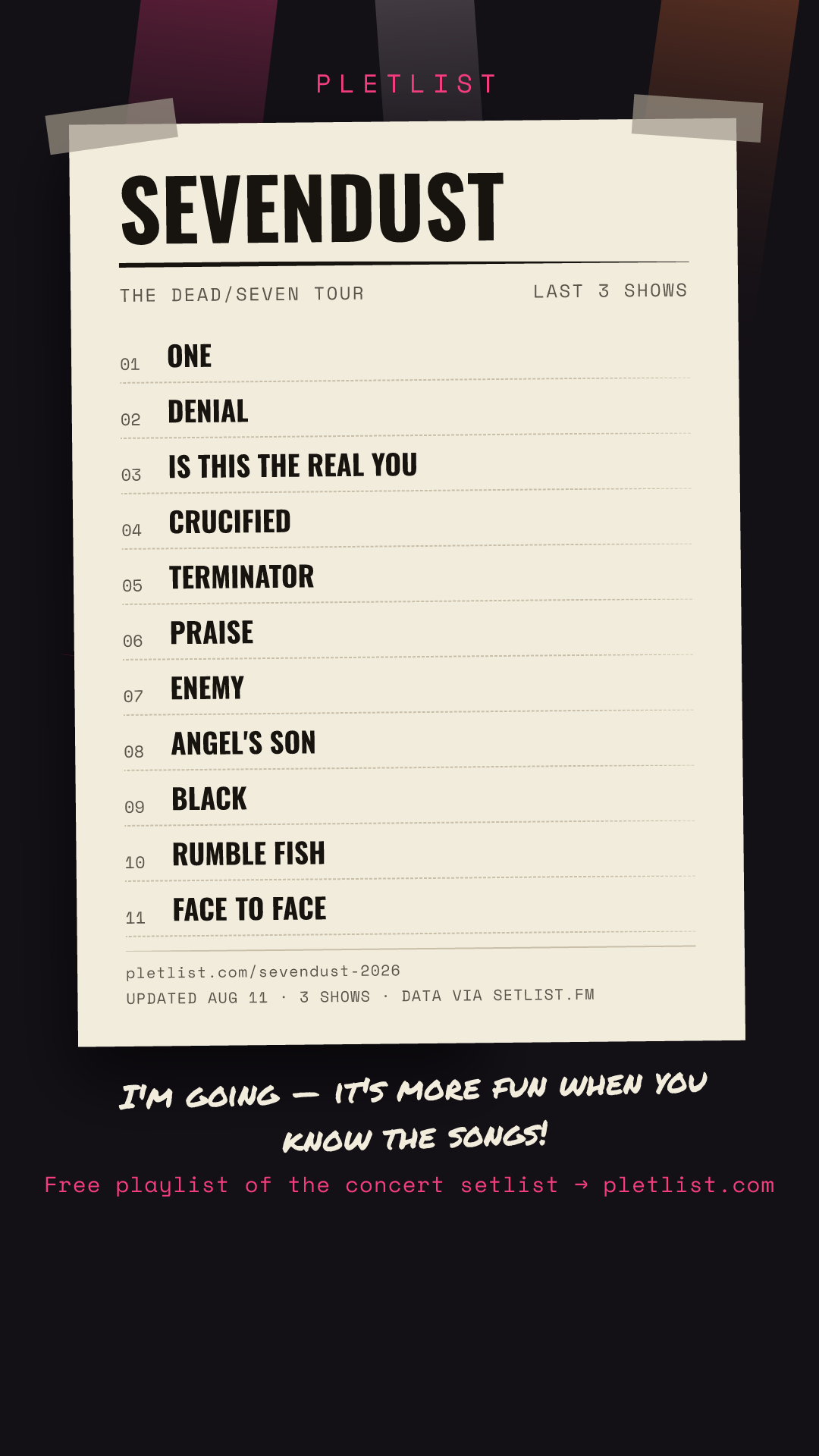 Shareable setlist sheet image for Sevendust