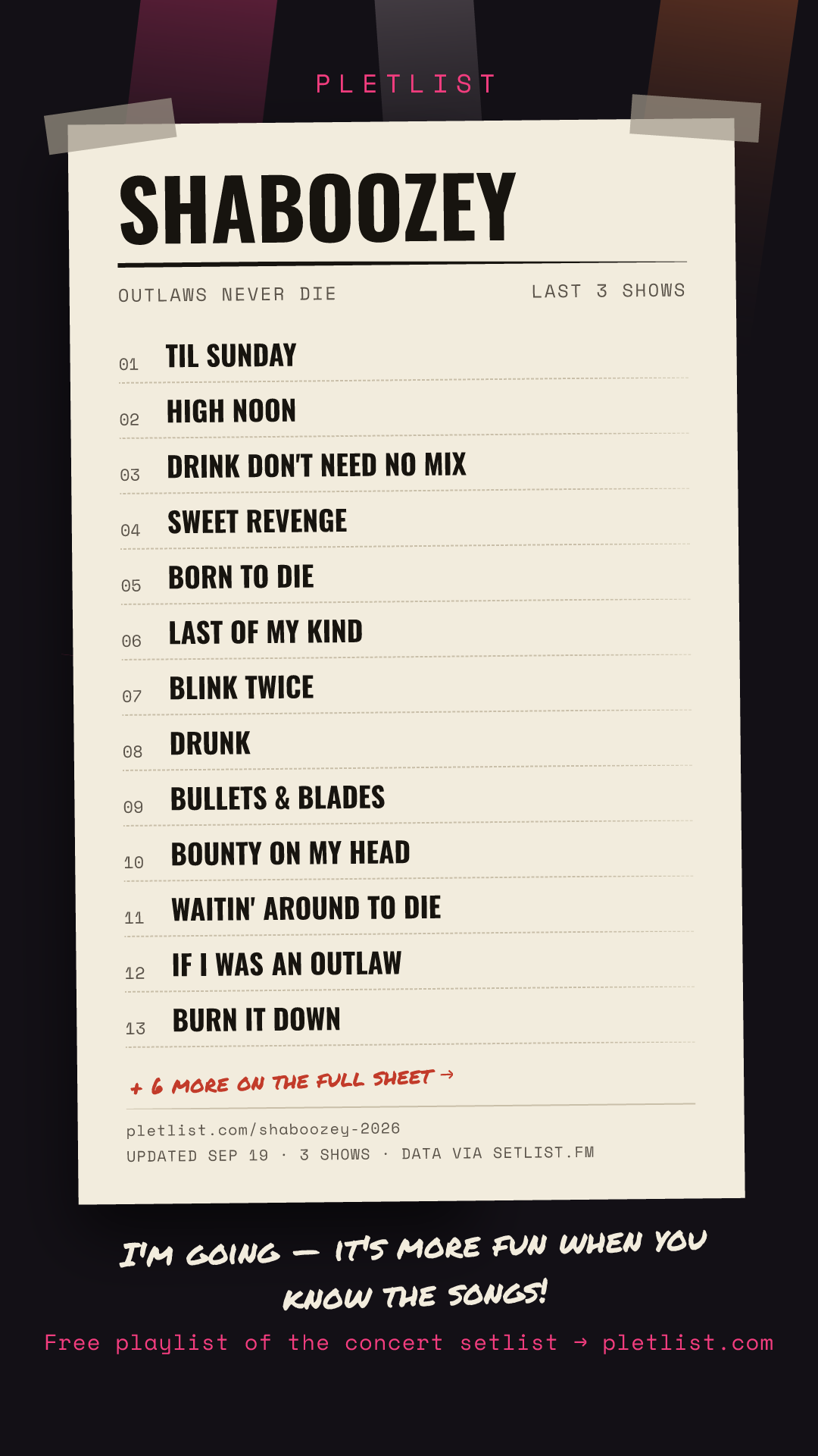 Shareable setlist sheet image for Shaboozey