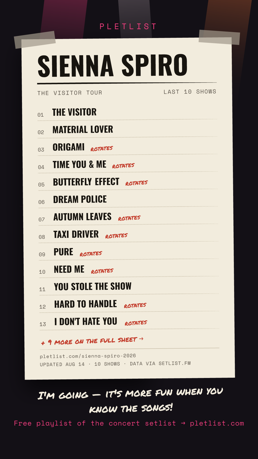 Shareable setlist sheet image for Sienna Spiro