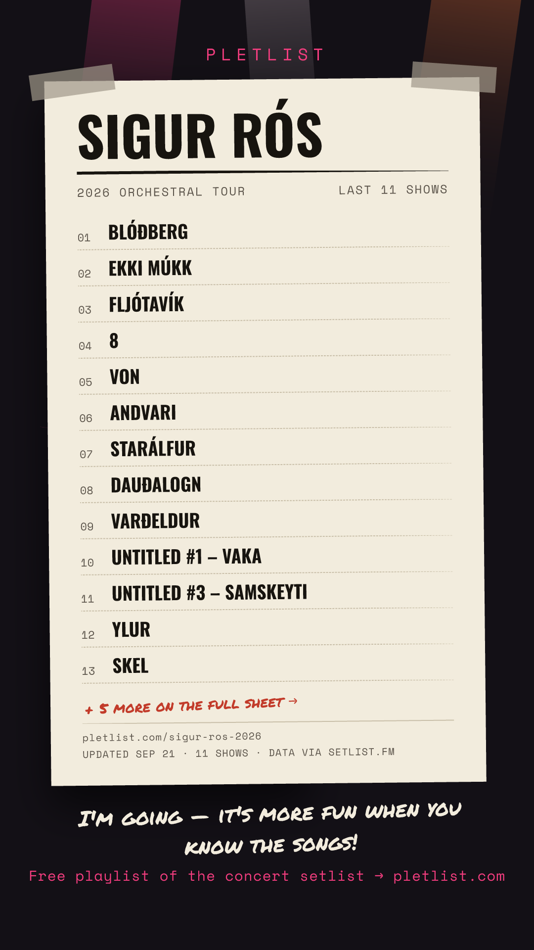 Shareable setlist sheet image for Sigur Rós