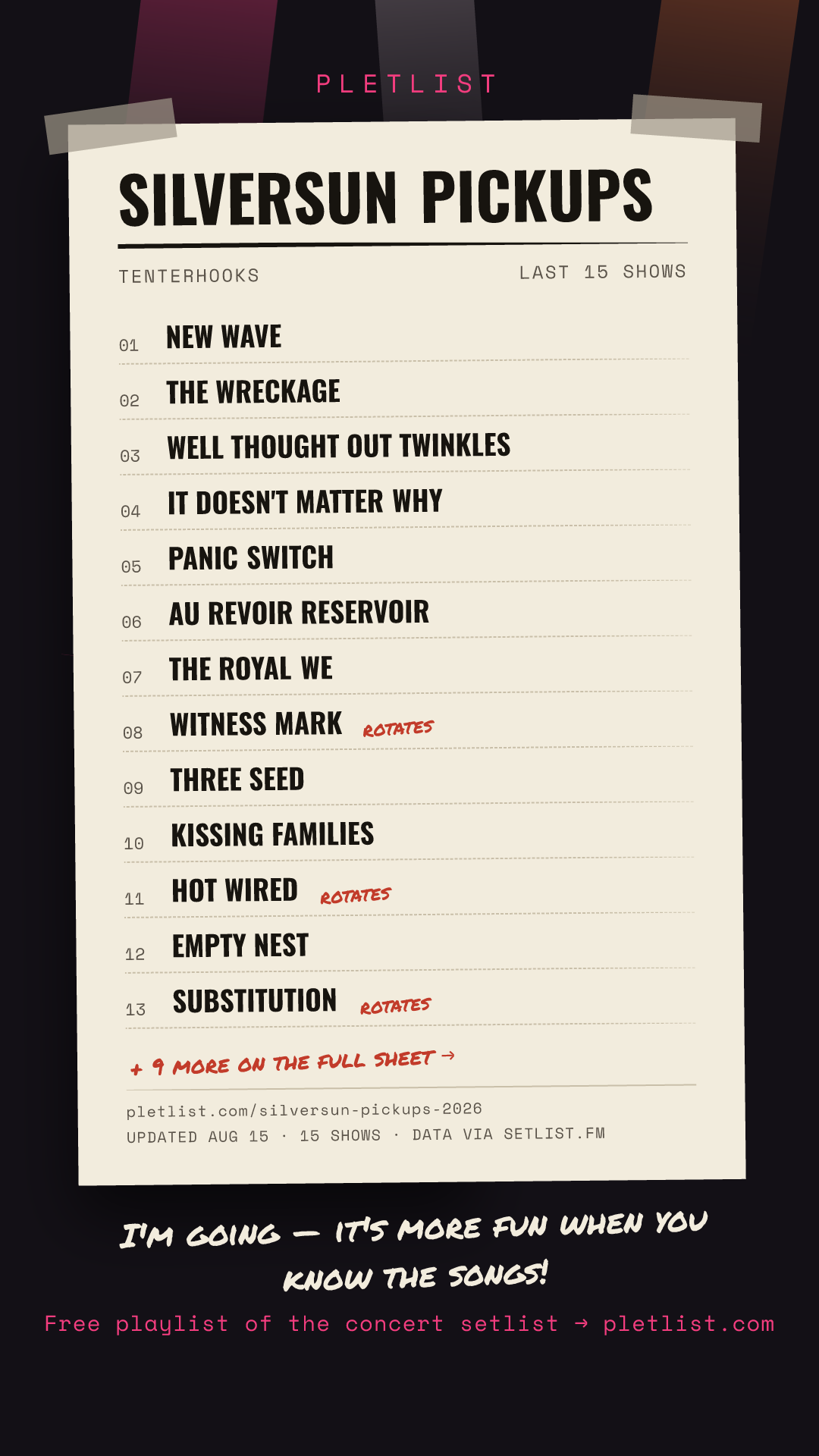 Shareable setlist sheet image for Silversun Pickups