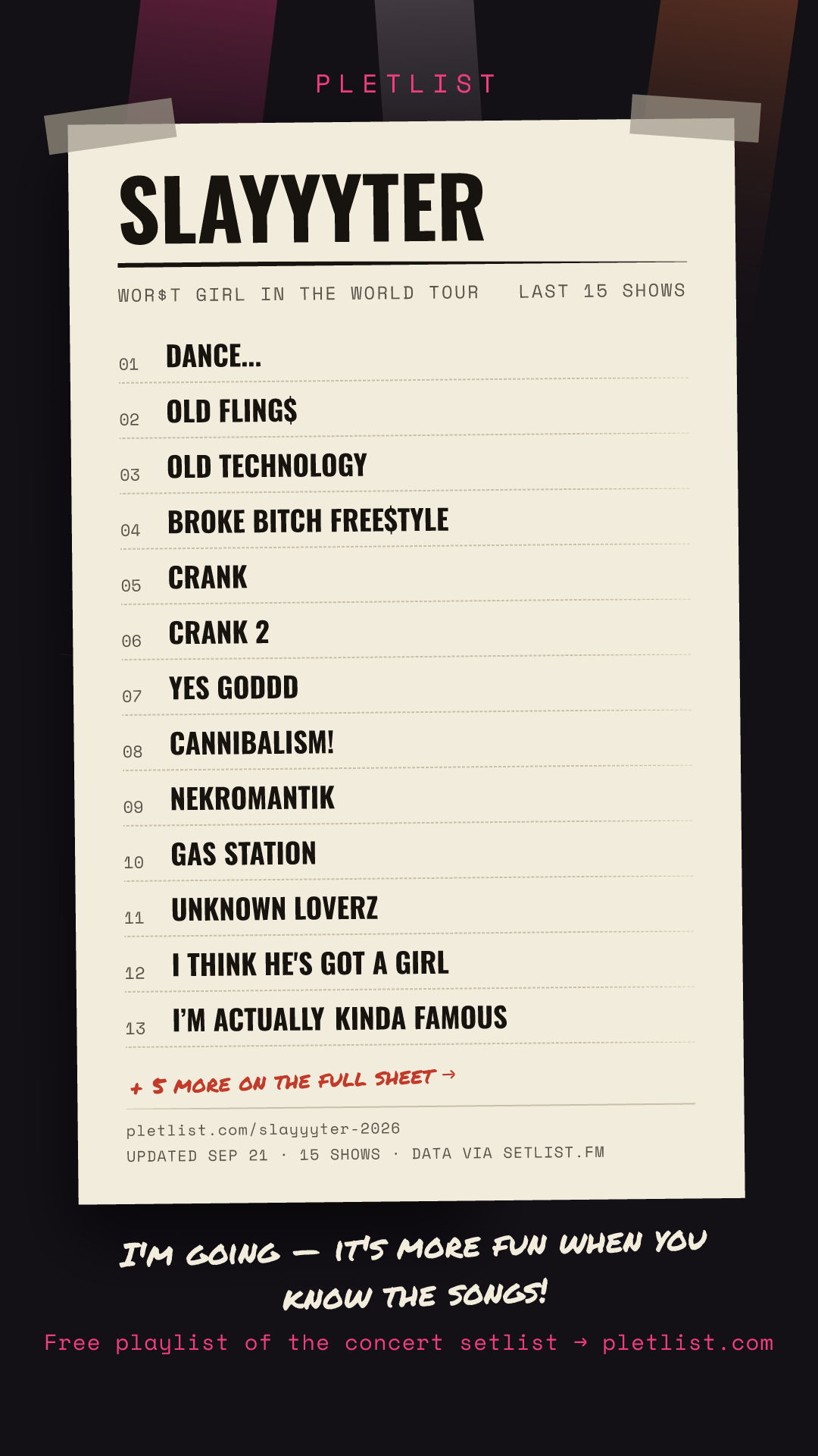Shareable setlist sheet image for Slayyyter