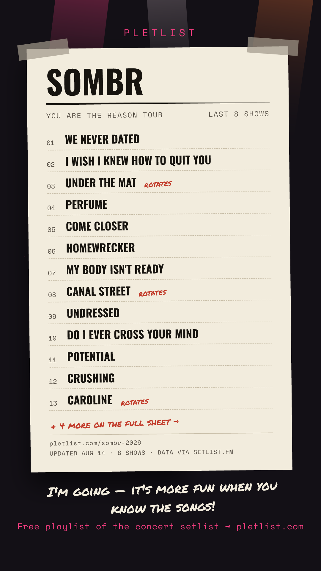 Shareable setlist sheet image for sombr
