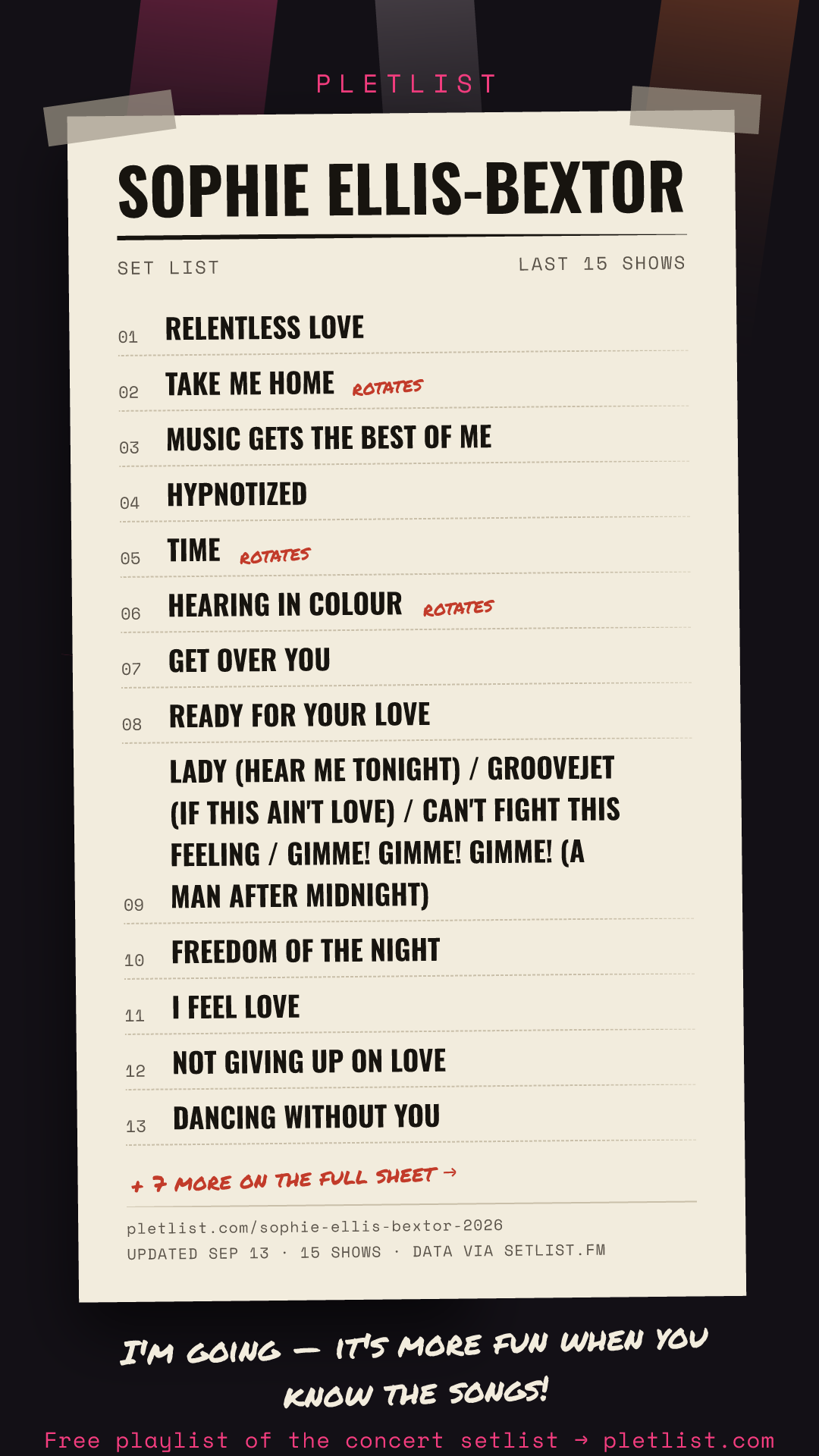 Shareable setlist sheet image for Sophie Ellis-Bextor