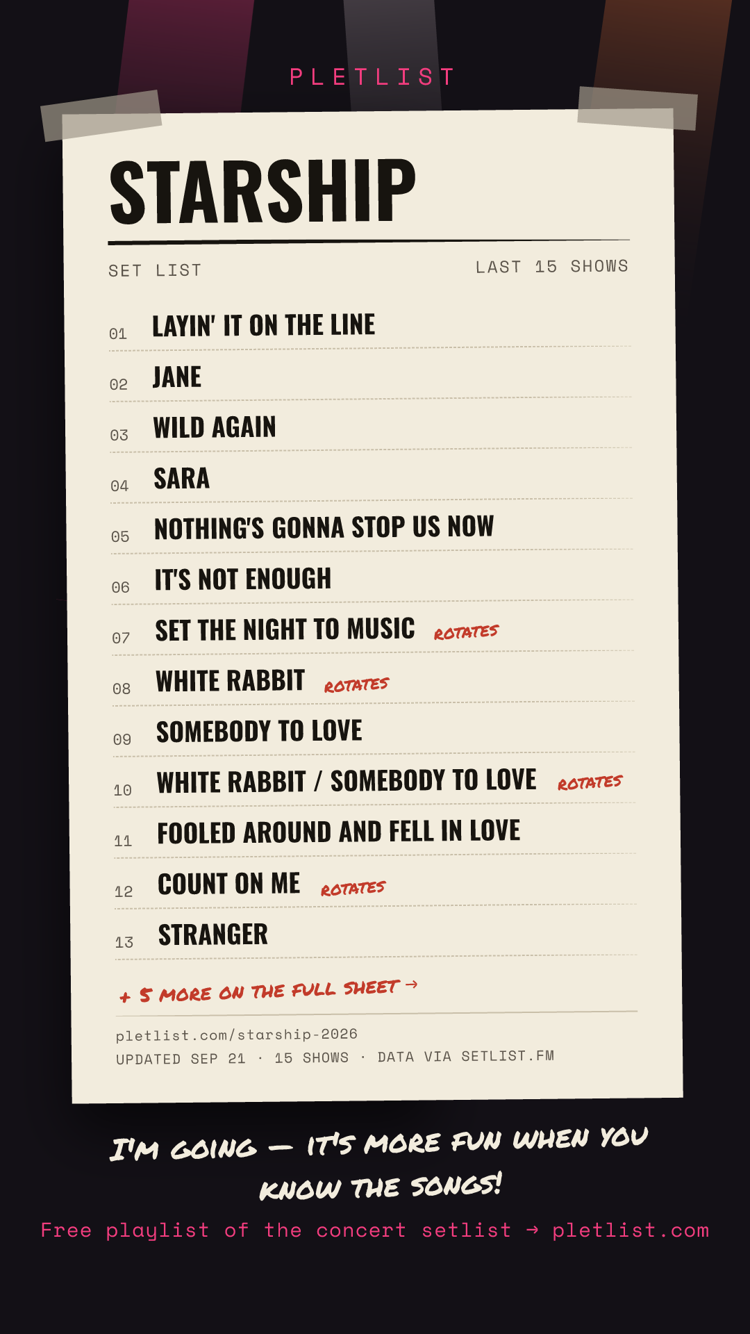 Shareable setlist sheet image for Starship