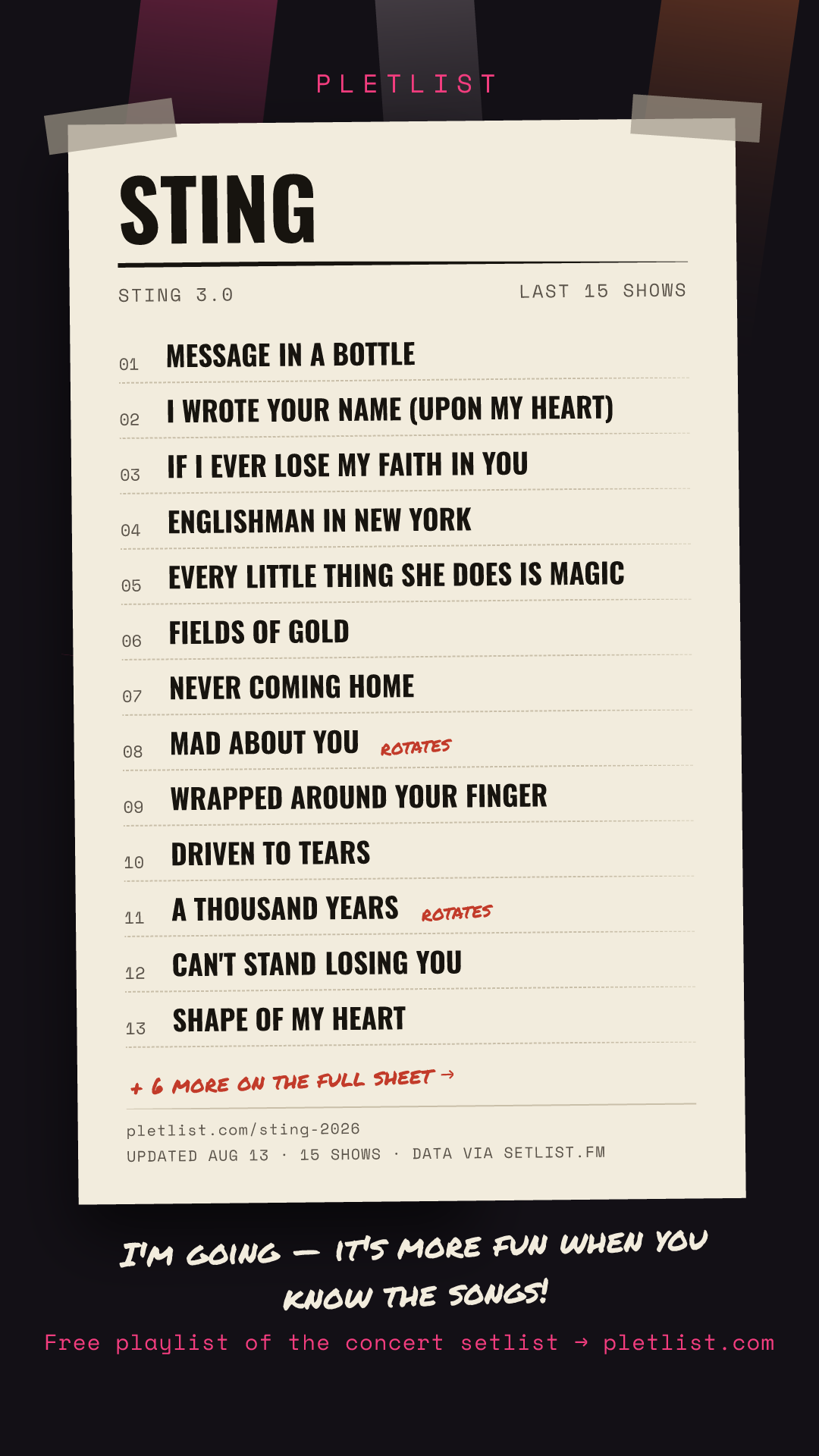 Shareable setlist sheet image for Sting