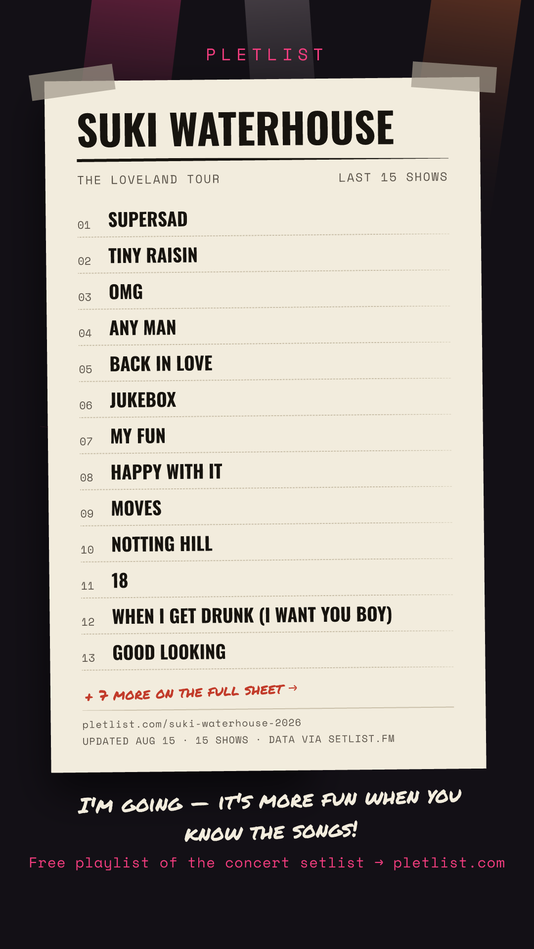 Shareable setlist sheet image for Suki Waterhouse