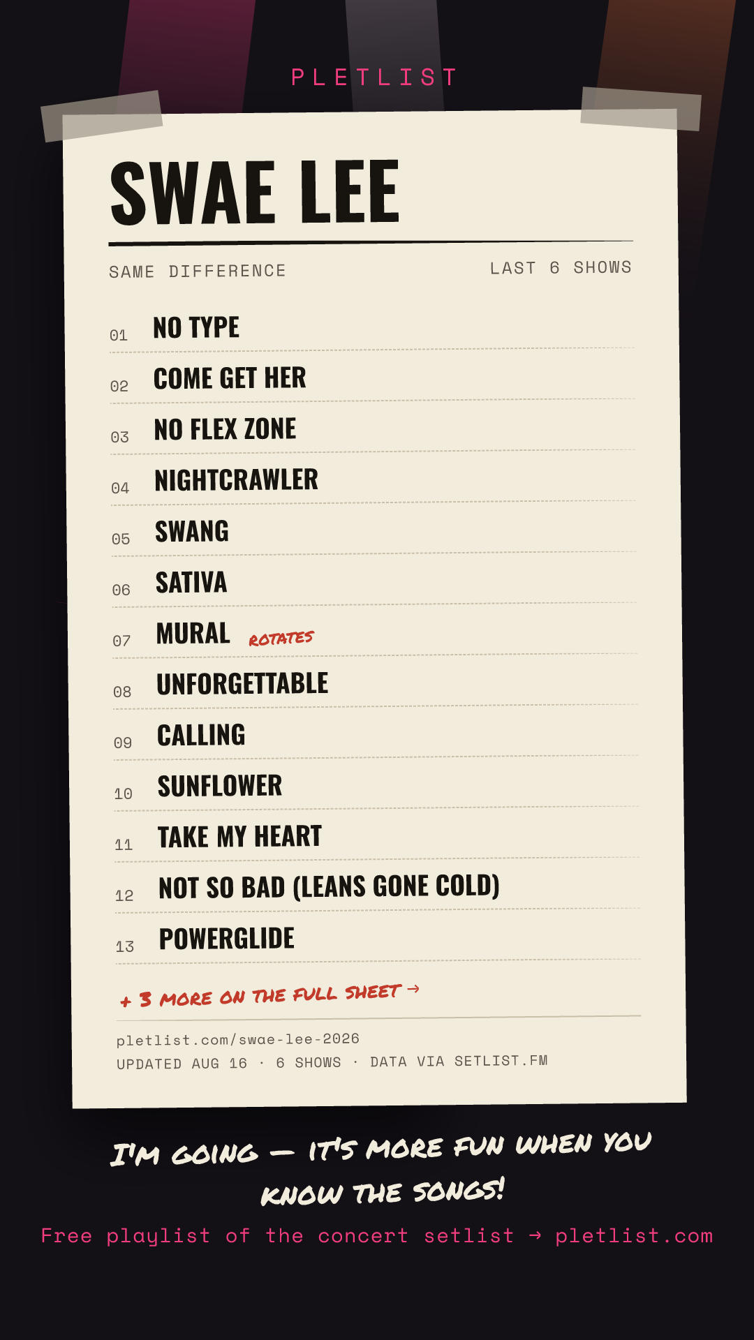 Shareable setlist sheet image for Swae Lee