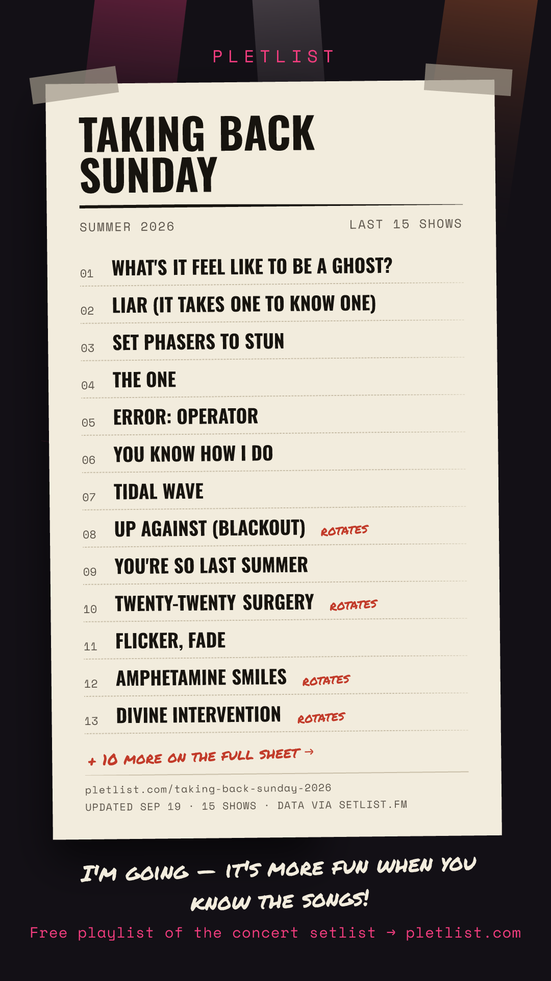 Shareable setlist sheet image for Taking Back Sunday