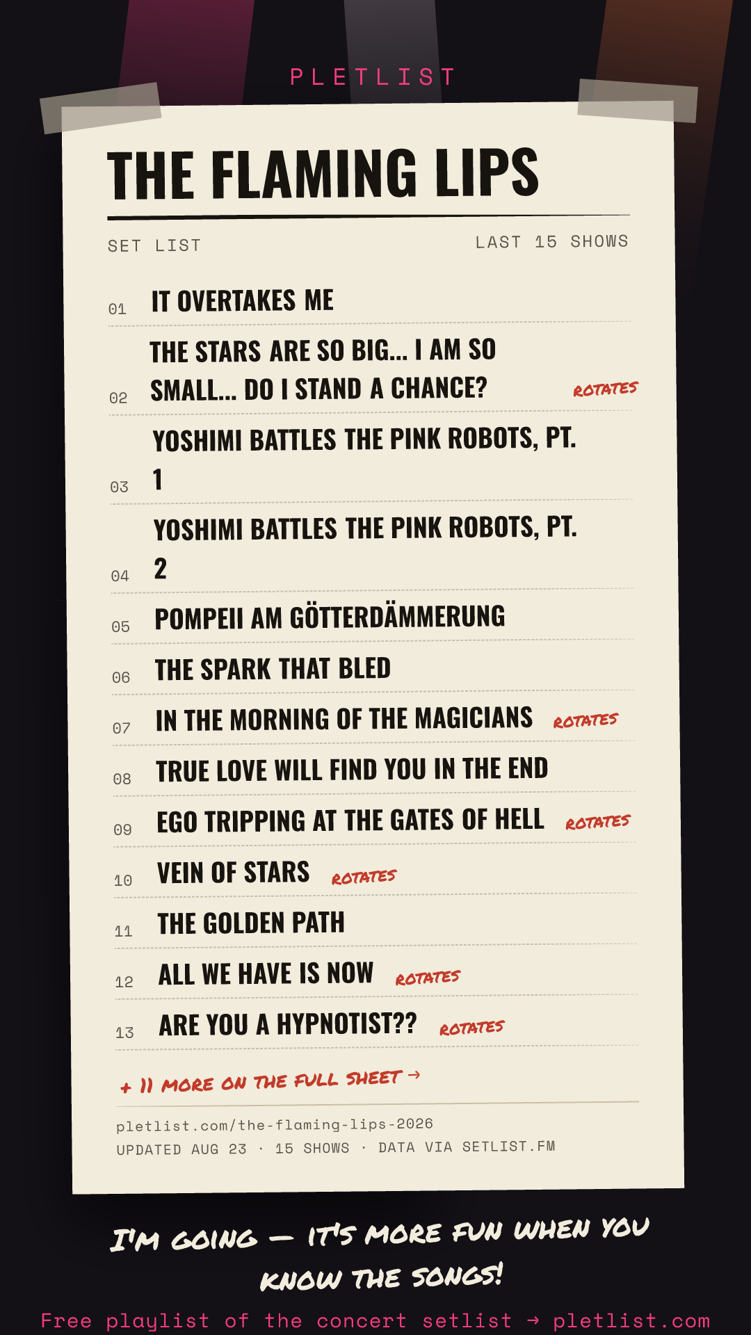 Shareable setlist sheet image for The Flaming Lips