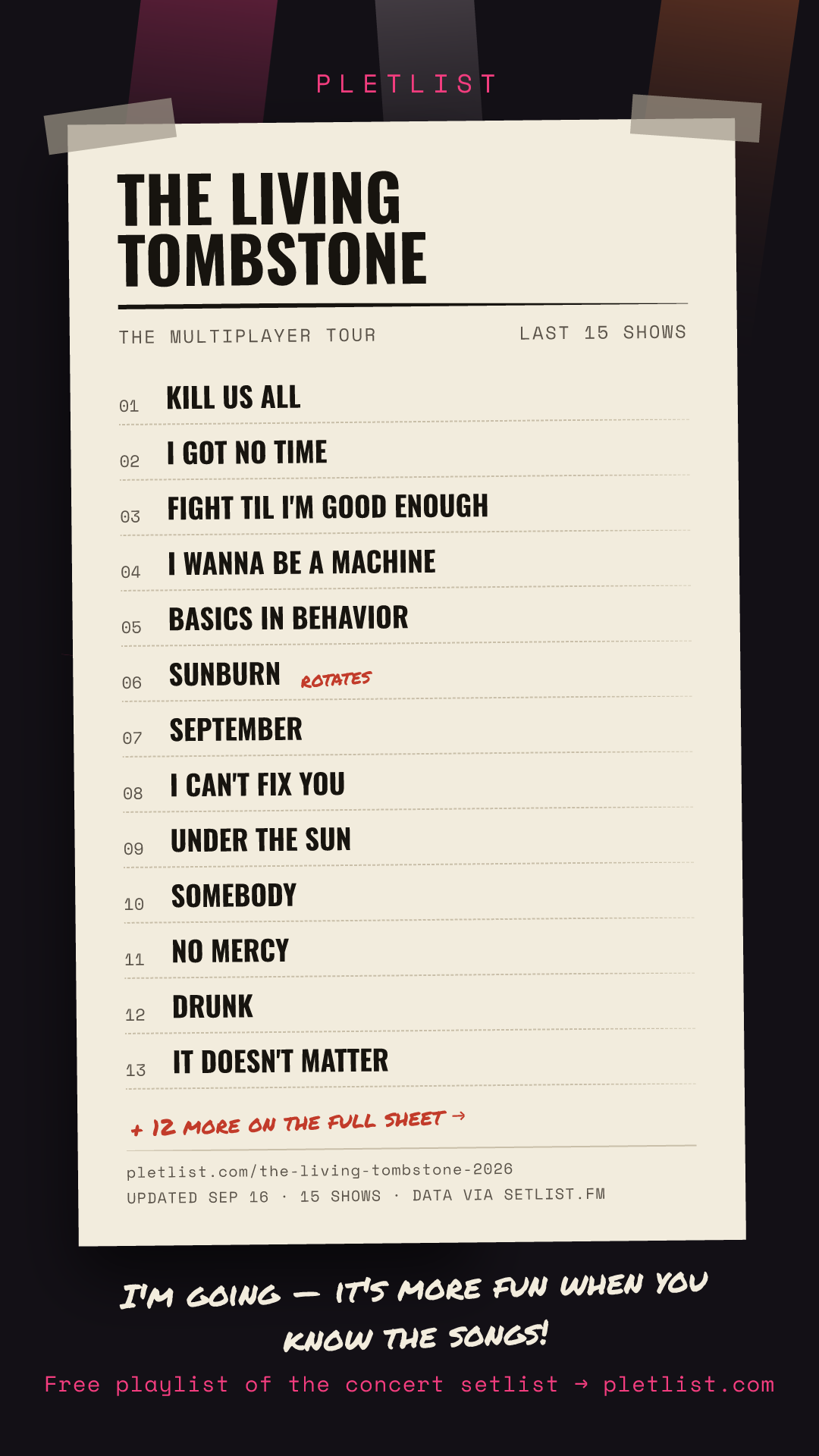 Shareable setlist sheet image for The Living Tombstone