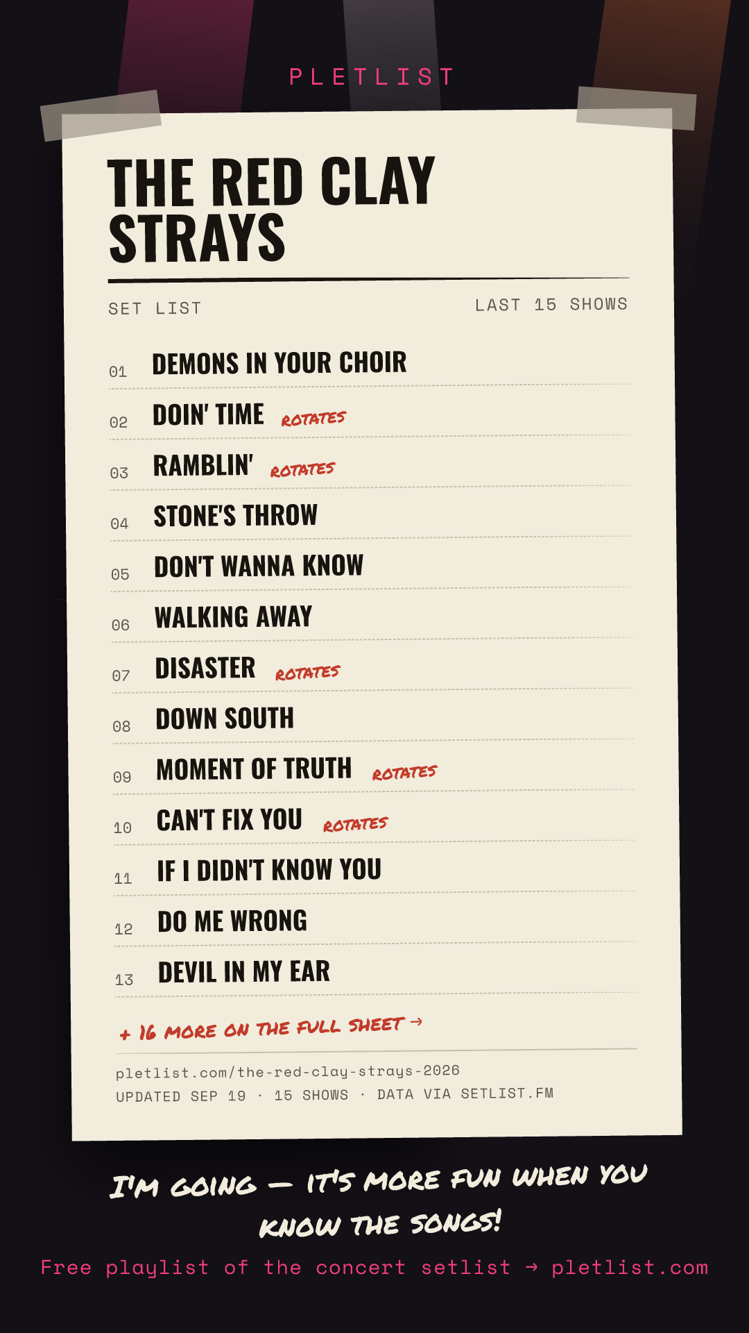 Shareable setlist sheet image for The Red Clay Strays