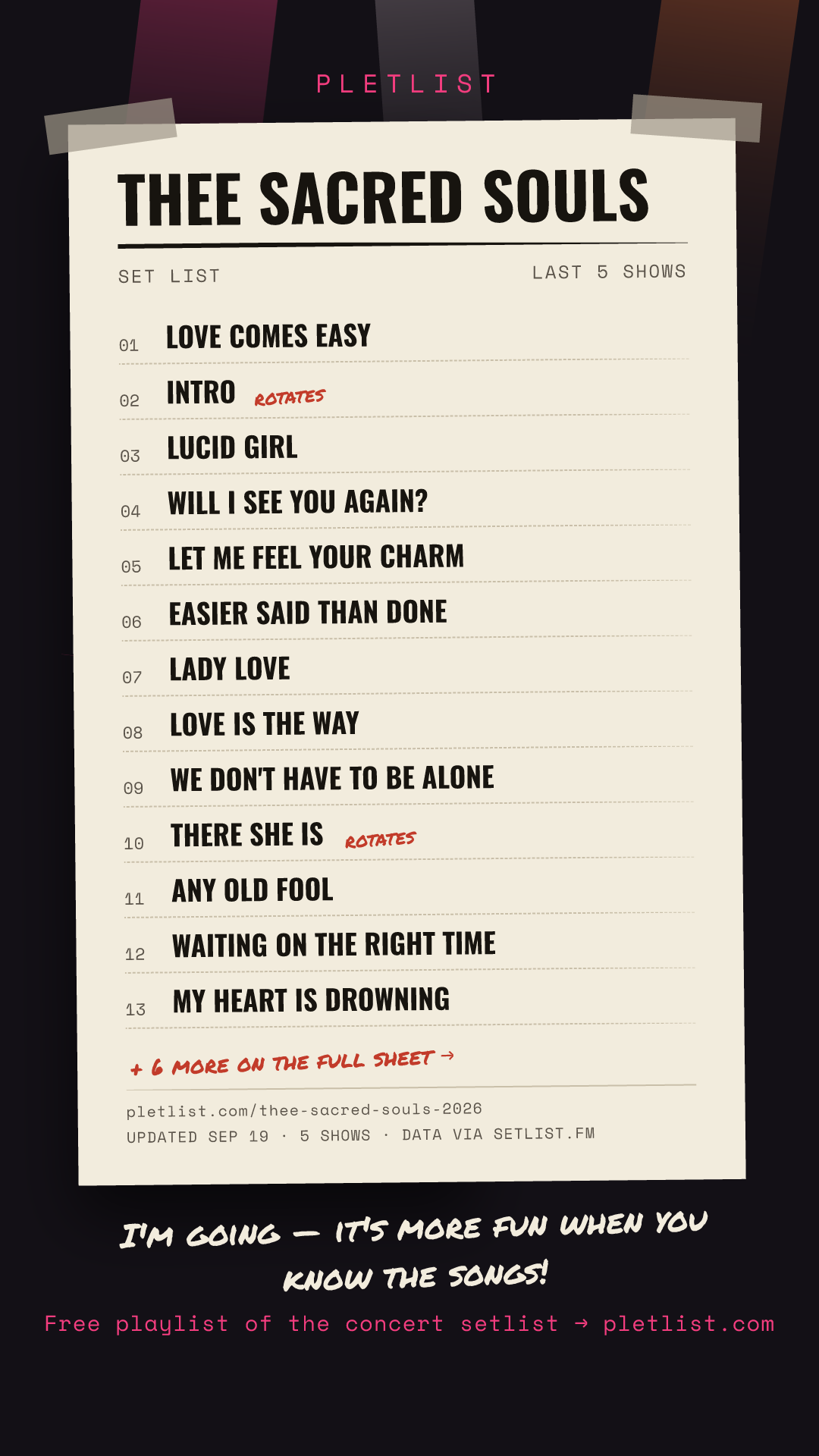 Shareable setlist sheet image for Thee Sacred Souls