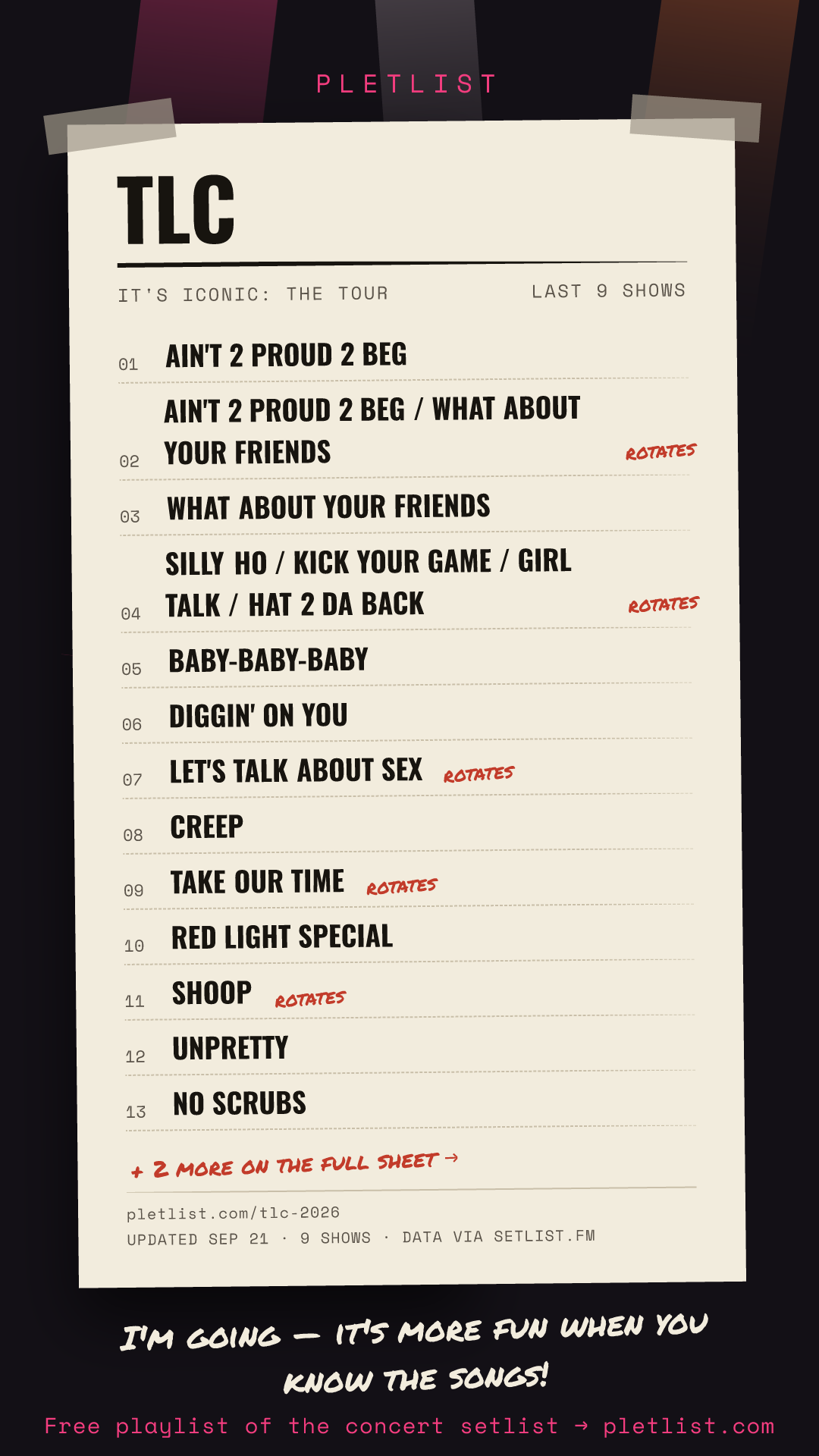 Shareable setlist sheet image for TLC