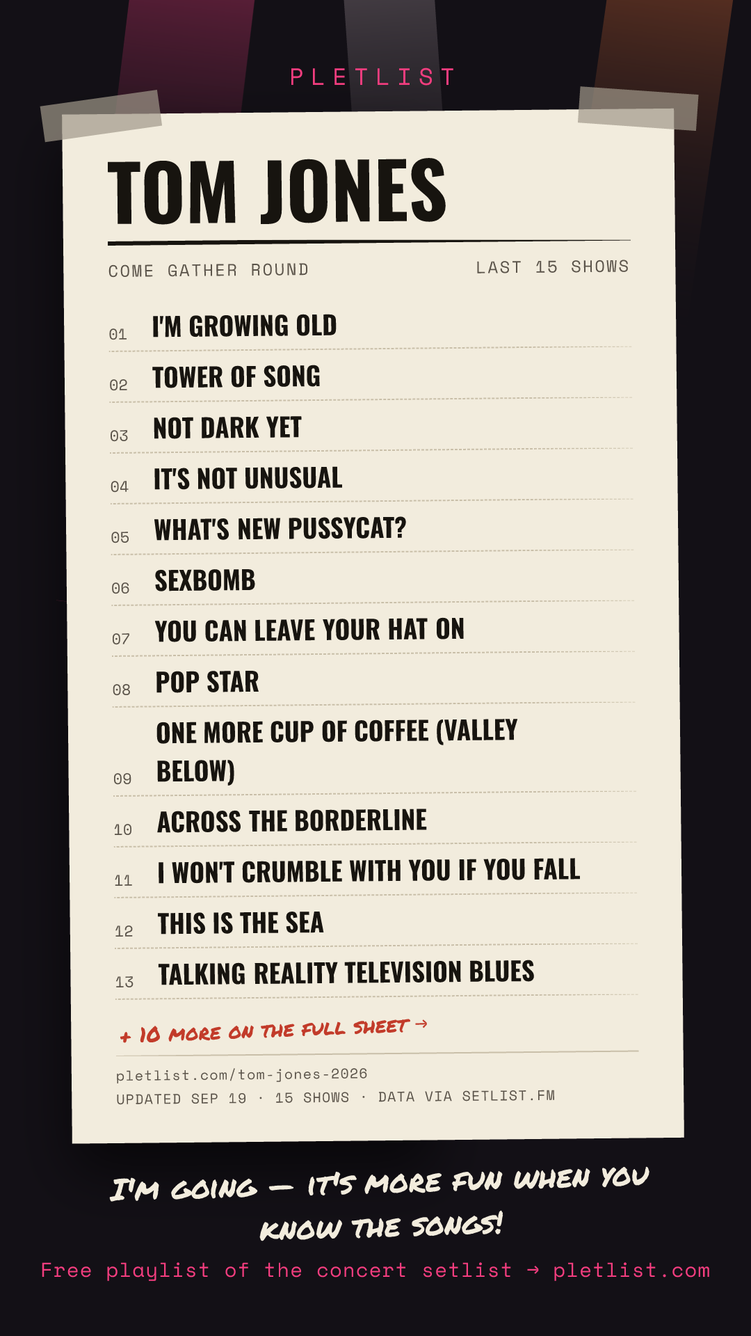 Shareable setlist sheet image for Tom Jones