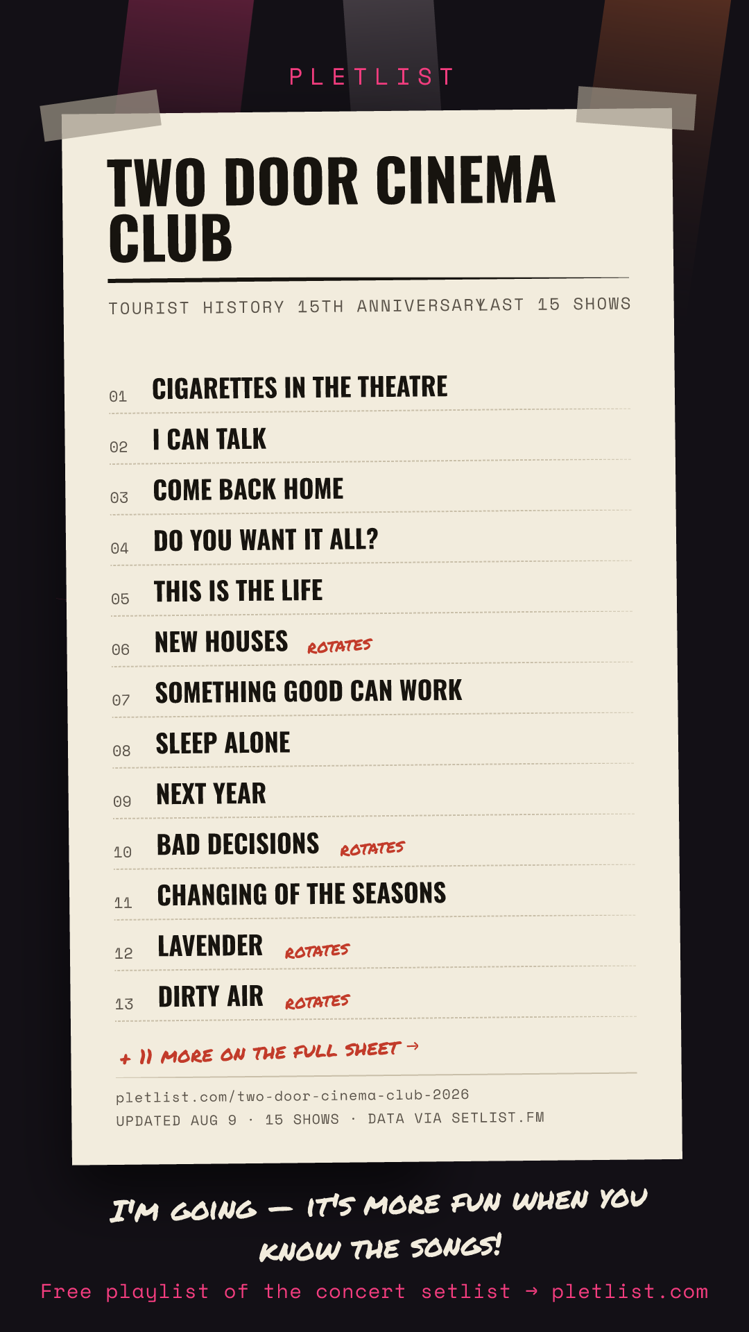 Shareable setlist sheet image for Two Door Cinema Club