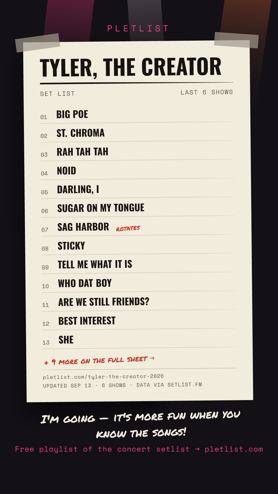 Shareable setlist sheet image for Tyler, The Creator