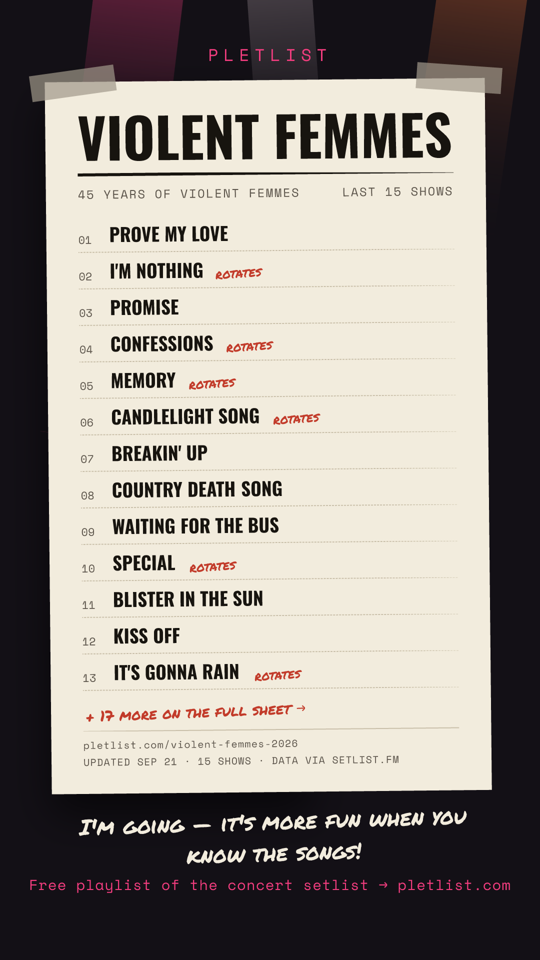 Shareable setlist sheet image for Violent Femmes