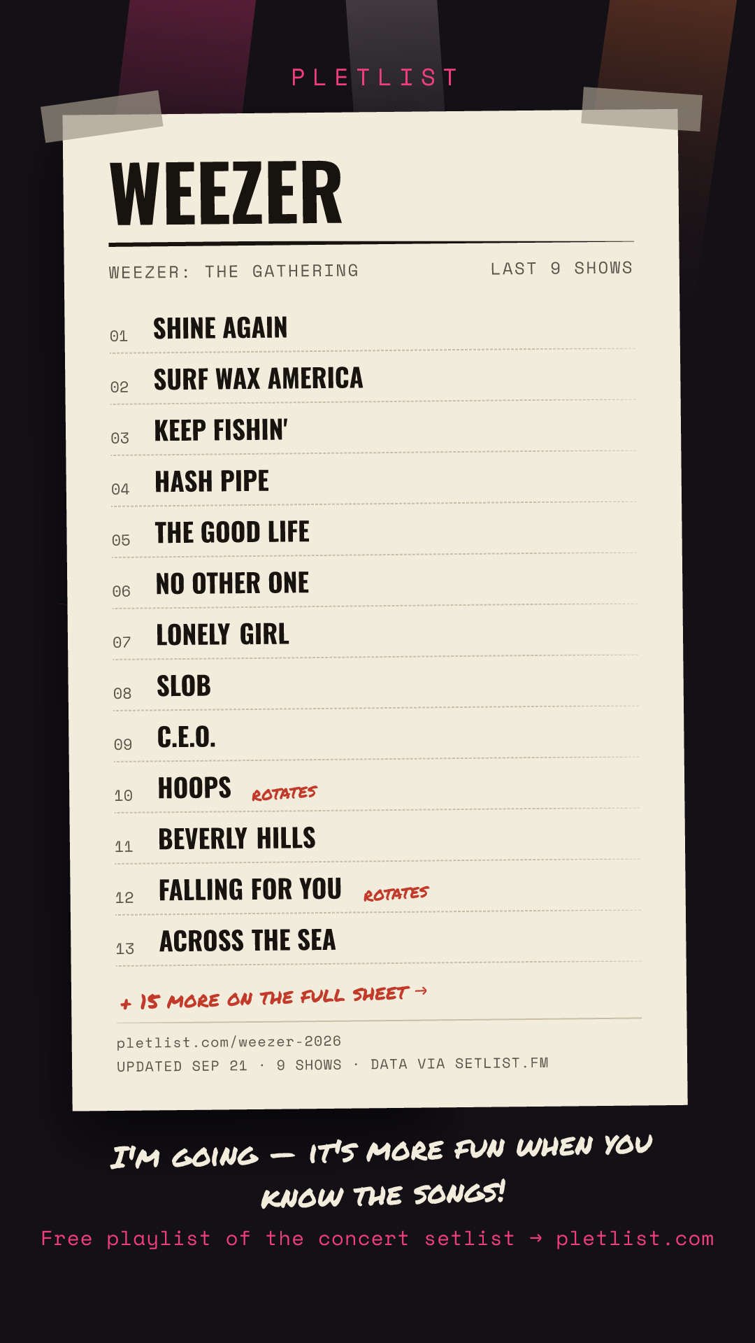 Shareable setlist sheet image for Weezer